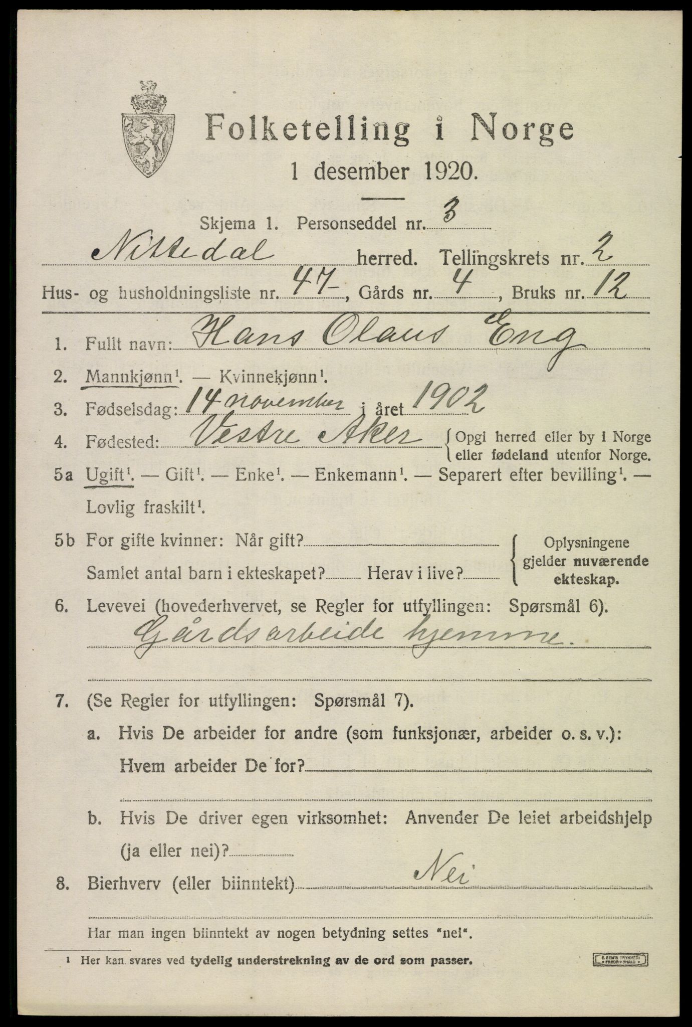 SAO, Folketelling 1920 for 0233 Nittedal herred, 1920, s. 2424