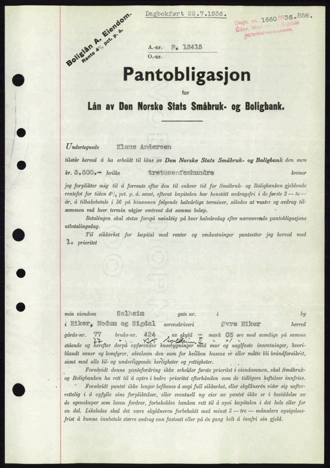Eiker, Modum og Sigdal sorenskriveri, SAKO/A-123/G/Ga/Gab/L0032: Pantebok nr. A2, 1936-1936, Dagboknr: 1660/1936