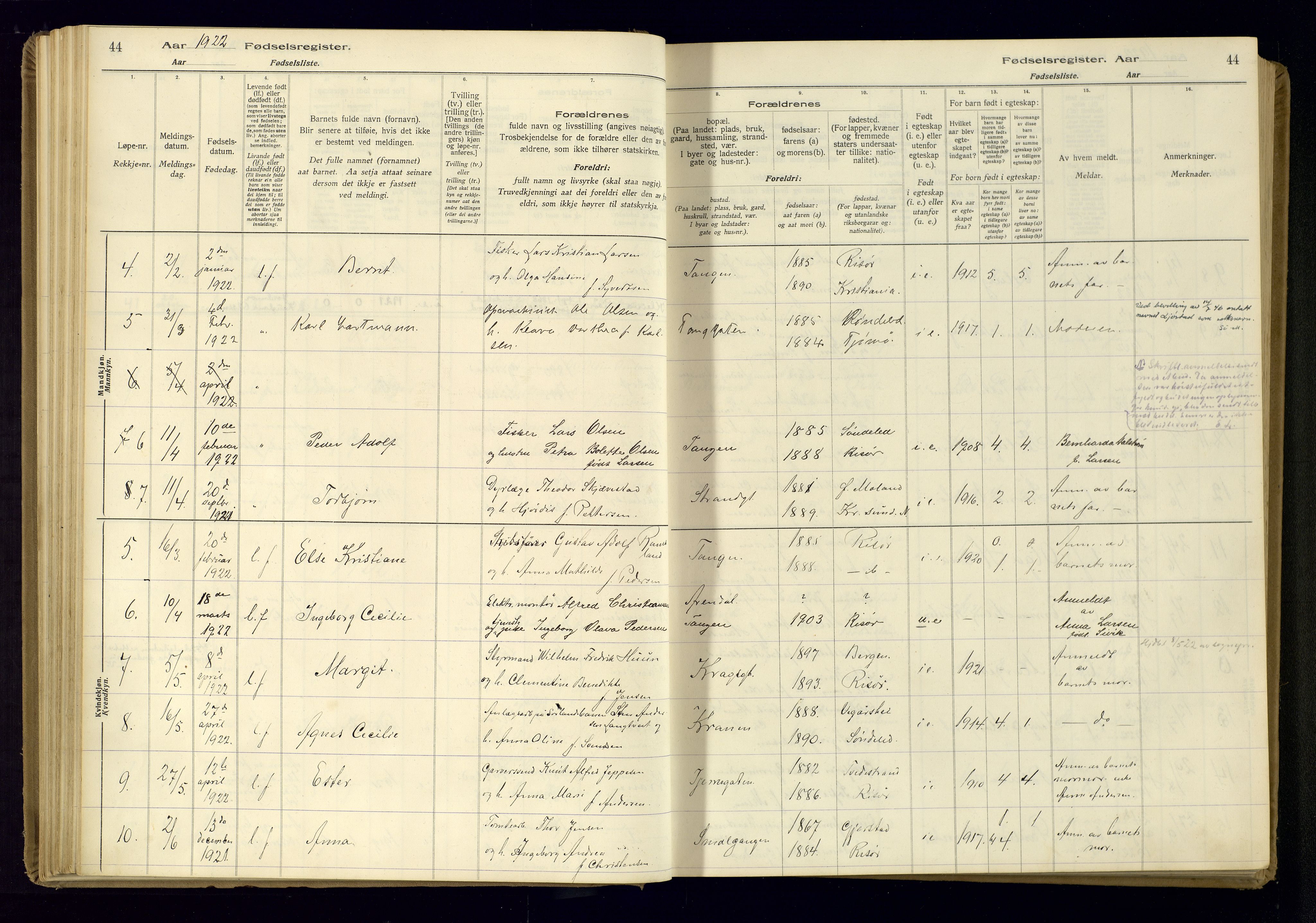 Risør sokneprestkontor, AV/SAK-1111-0035/J/Ja/L0001: Fødselsregister nr. A-VI-13, 1916-1947, s. 44