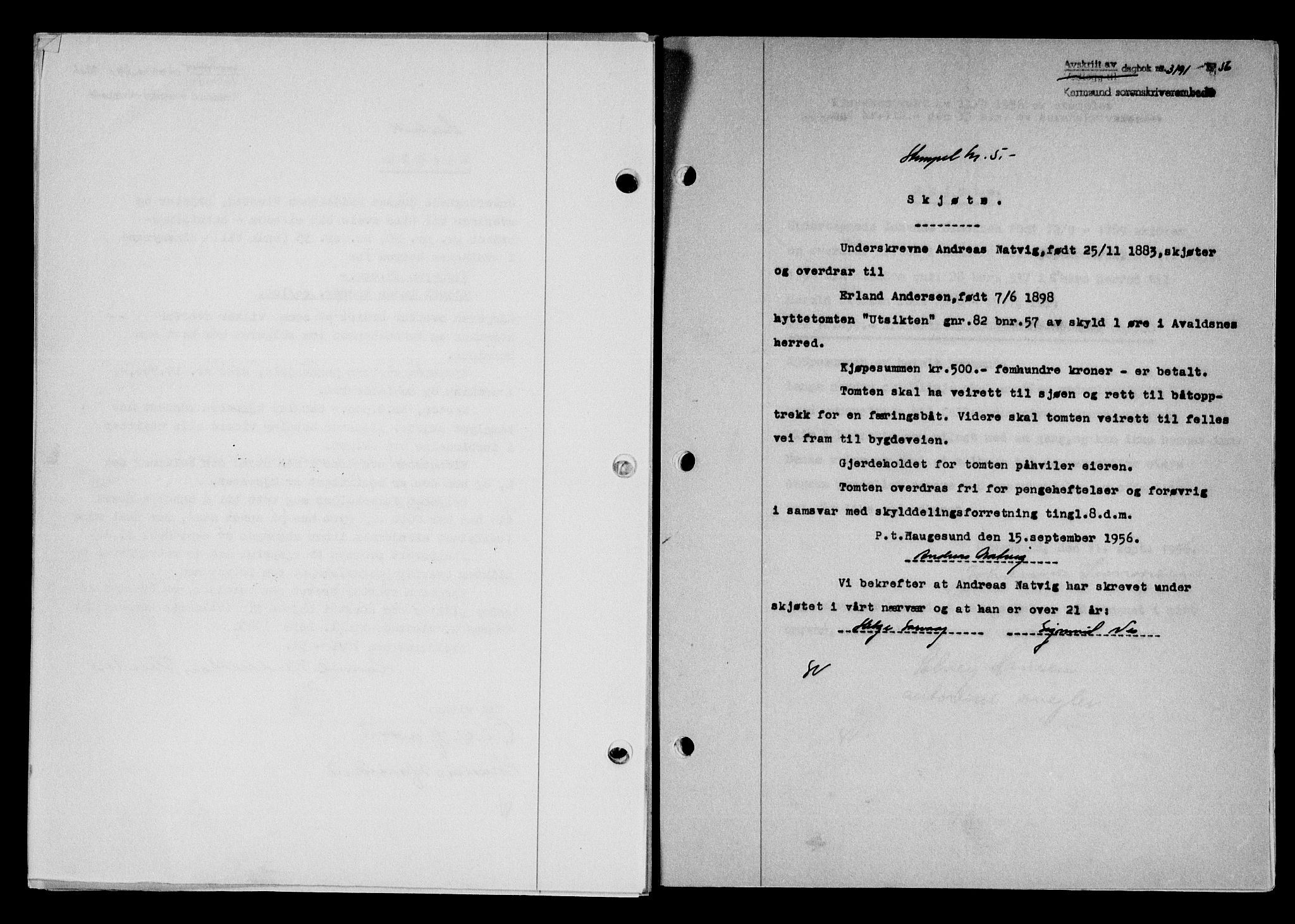 Karmsund sorenskriveri, SAST/A-100311/01/II/IIB/L0121: Pantebok nr. 101A, 1956-1956, Dagboknr: 3191/1956