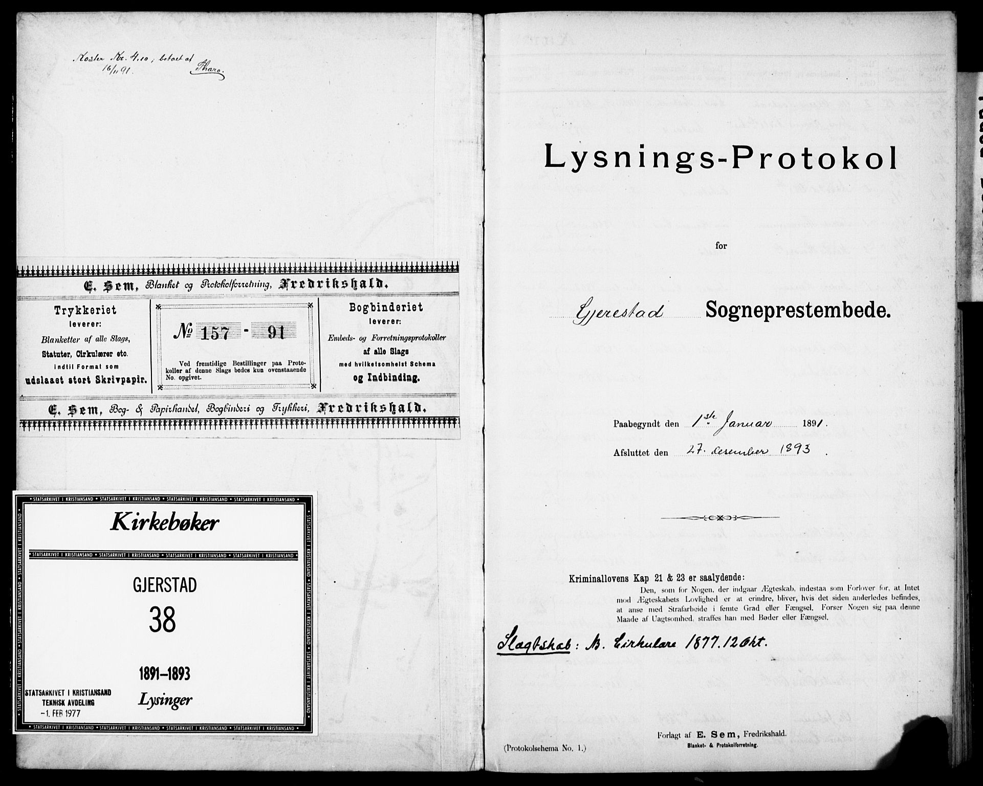 Gjerstad sokneprestkontor, AV/SAK-1111-0014/J/Jd/L0011: Lysningsprotokoll nr. A VI 45, 1891-1893