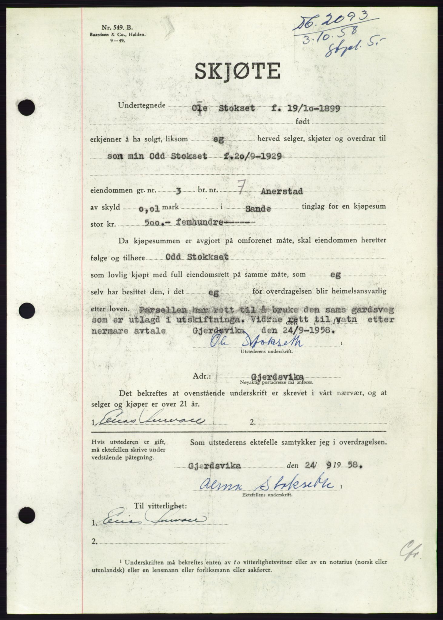 Søre Sunnmøre sorenskriveri, AV/SAT-A-4122/1/2/2C/L0110: Pantebok nr. 36A, 1958-1958, Dagboknr: 2093/1958