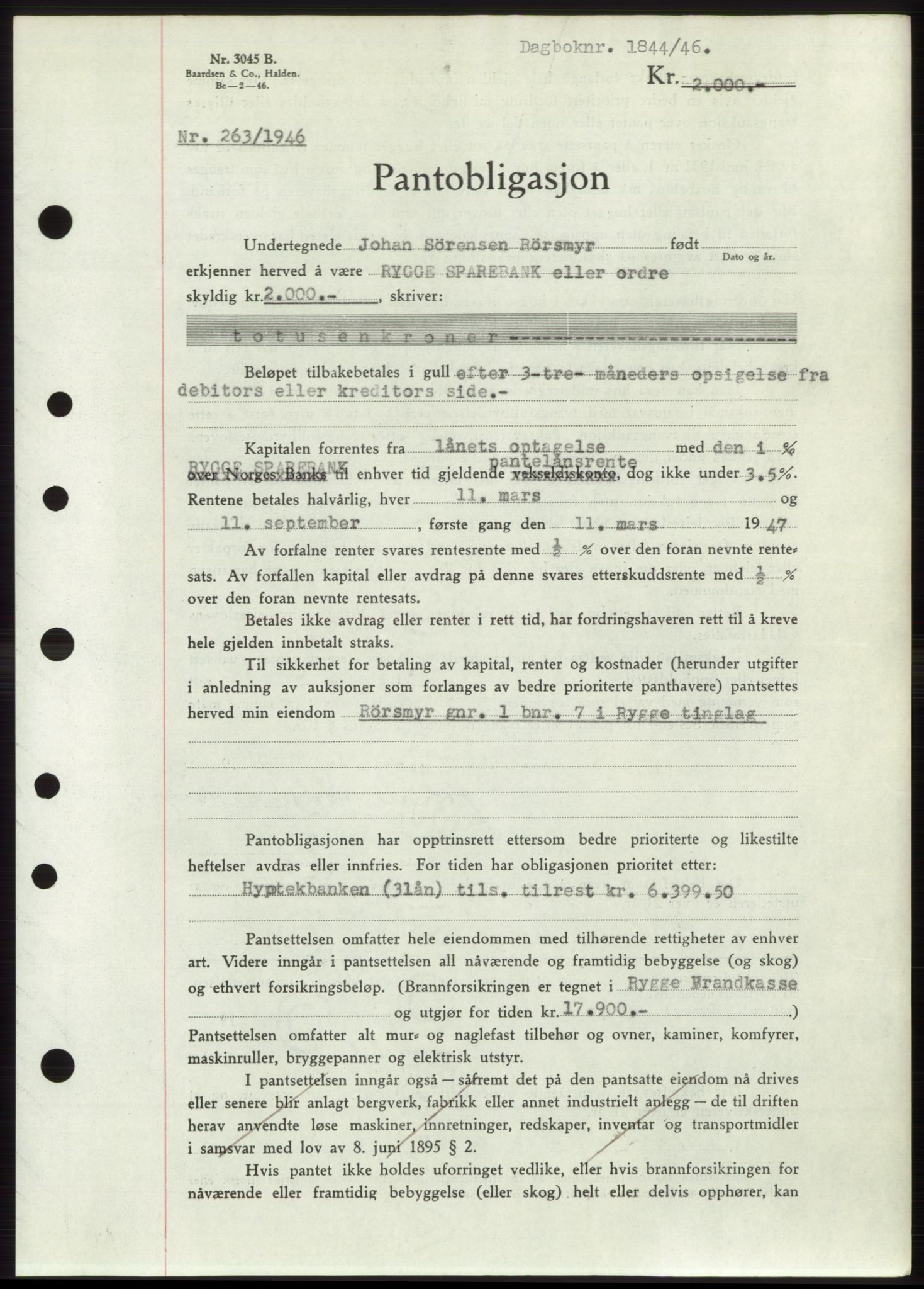 Moss sorenskriveri, SAO/A-10168: Pantebok nr. B15, 1946-1946, Dagboknr: 1844/1946