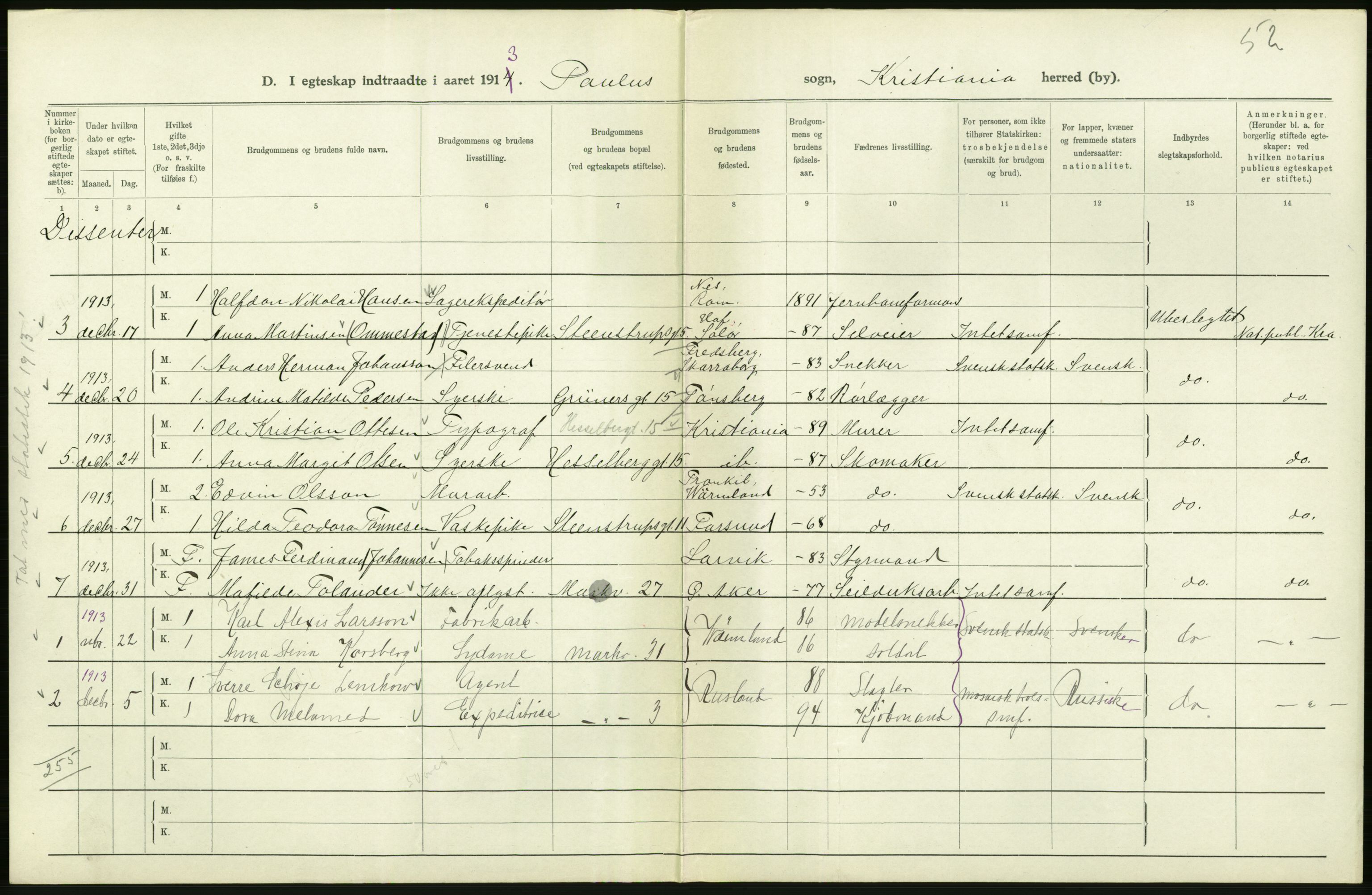 Statistisk sentralbyrå, Sosiodemografiske emner, Befolkning, RA/S-2228/D/Df/Dfb/Dfbc/L0008: Kristiania: Gifte., 1913, s. 280