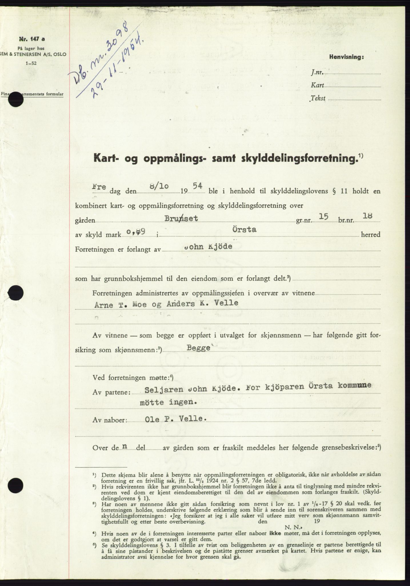 Søre Sunnmøre sorenskriveri, AV/SAT-A-4122/1/2/2C/L0099: Pantebok nr. 25A, 1954-1954, Dagboknr: 3098/1954