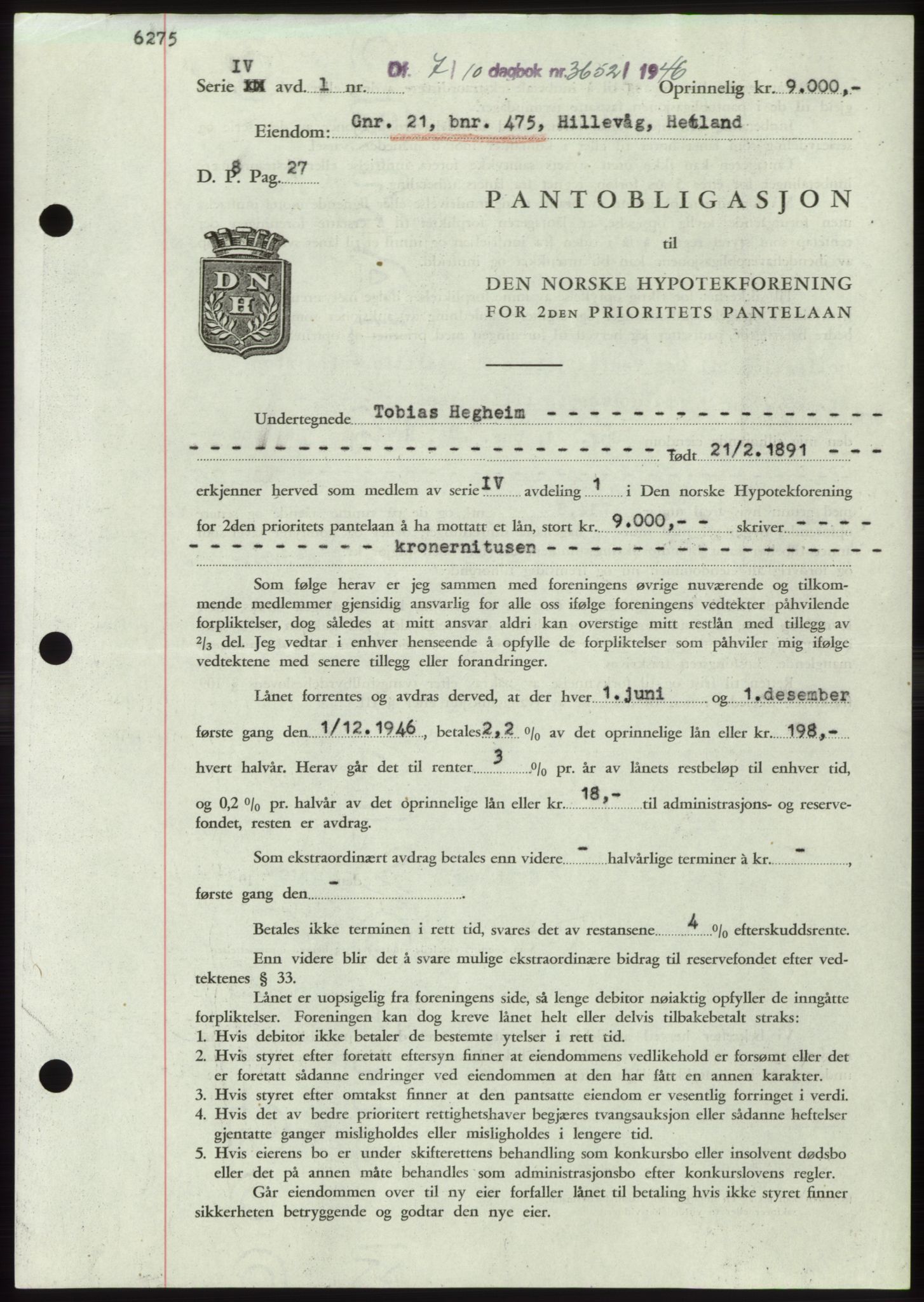 Jæren sorenskriveri, SAST/A-100310/03/G/Gba/L0091: Pantebok, 1946-1946, Dagboknr: 3652/1946
