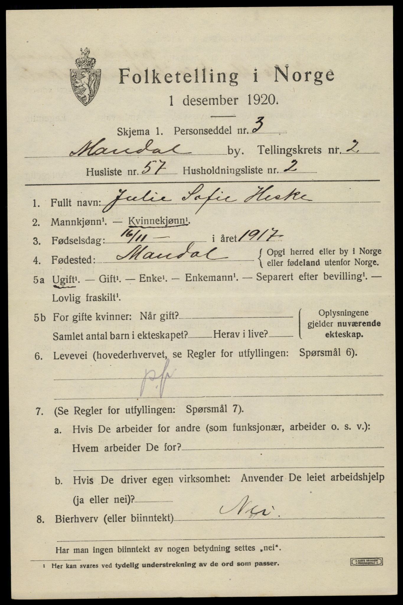 SAK, Folketelling 1920 for 1002 Mandal ladested, 1920, s. 4747