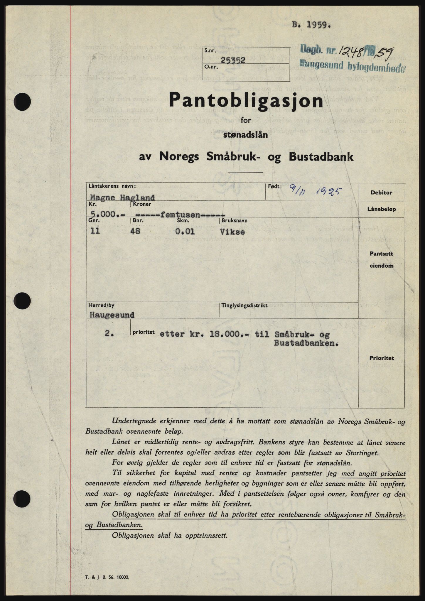 Haugesund tingrett, SAST/A-101415/01/II/IIC/L0045: Pantebok nr. B 45, 1959-1959, Dagboknr: 1248/1959