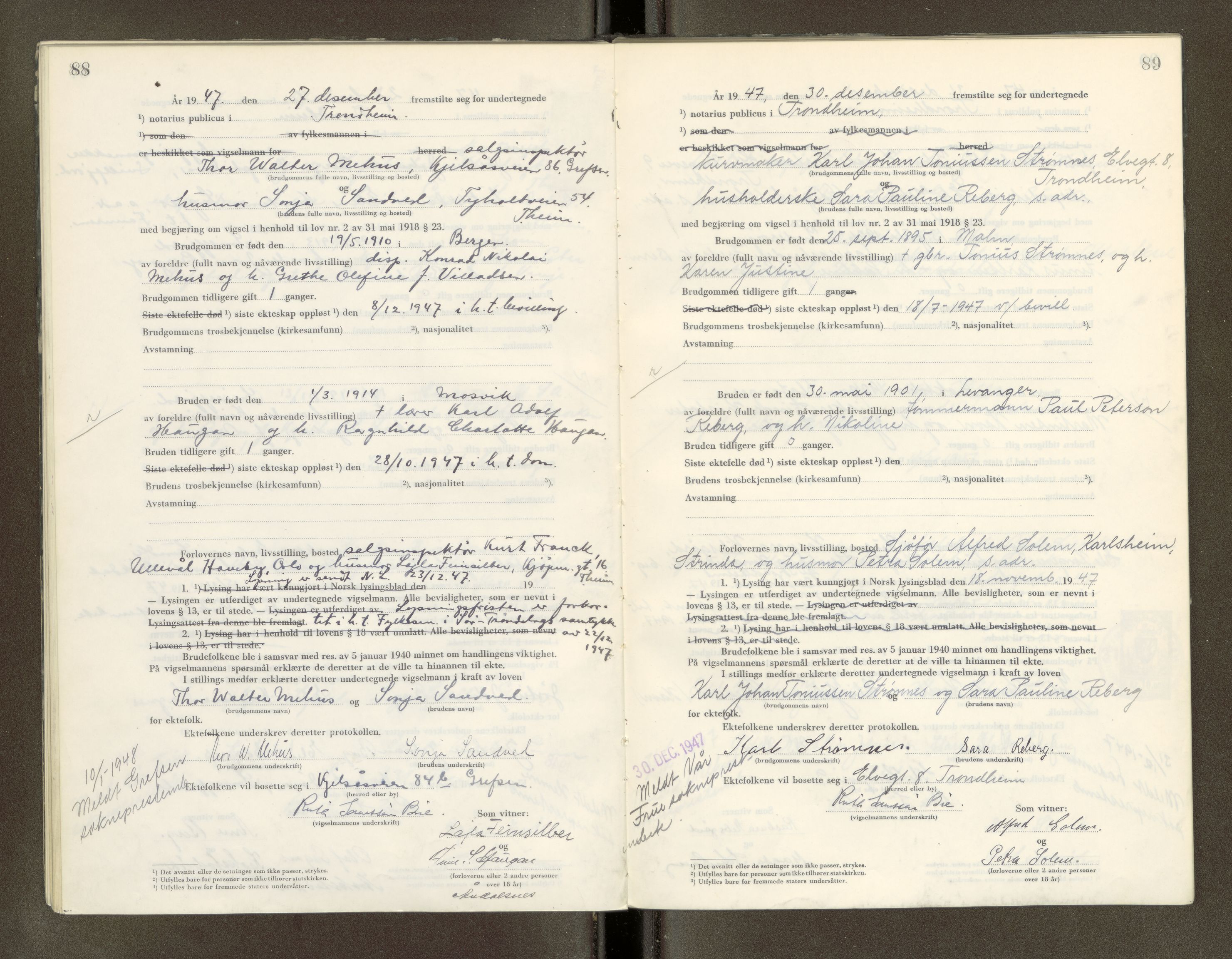 Trondheim byfogd, AV/SAT-A-0003/1/6/6D/L0005: Vigselbøker, 1944-1948, s. 88-89