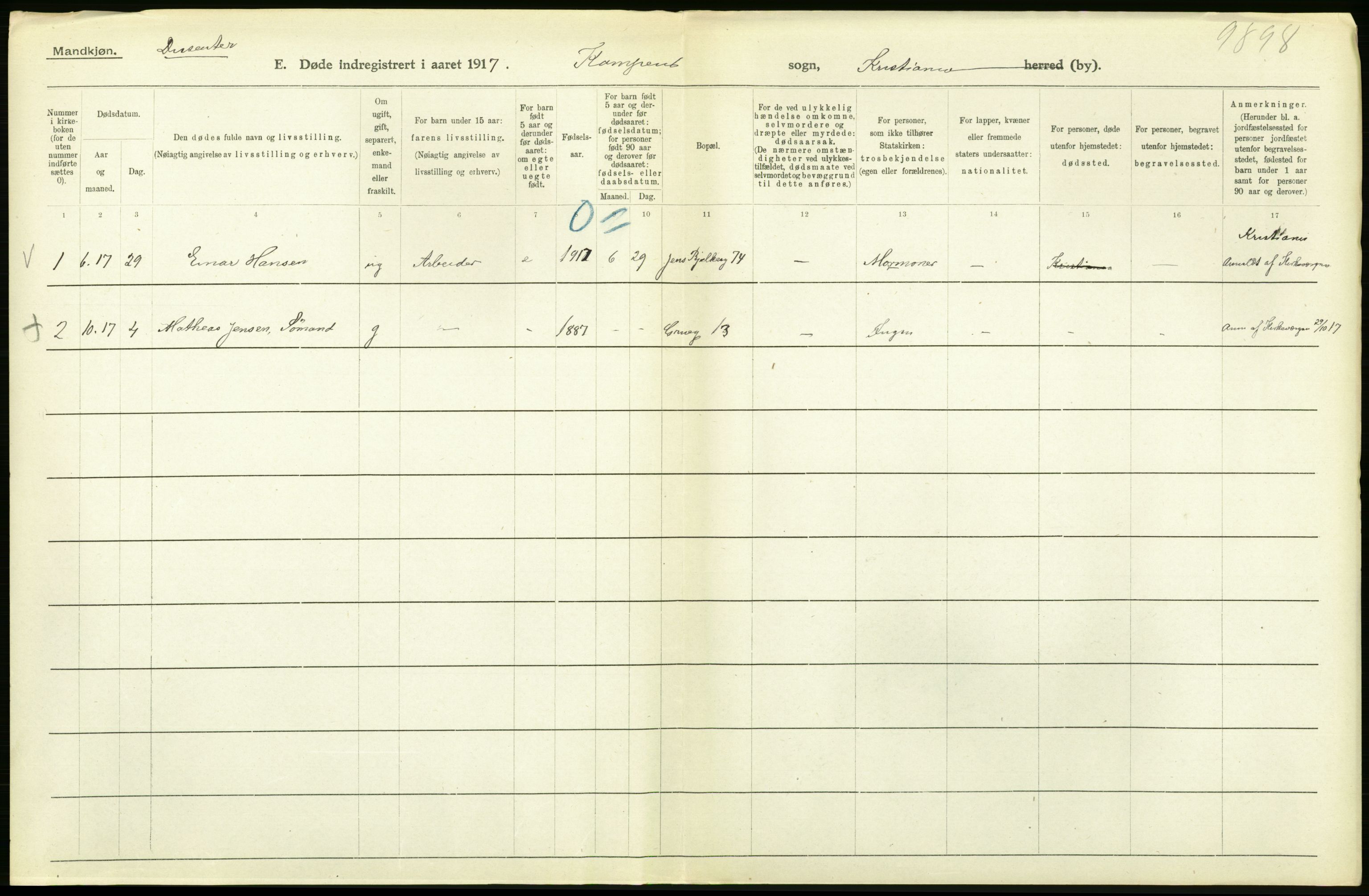 Statistisk sentralbyrå, Sosiodemografiske emner, Befolkning, AV/RA-S-2228/D/Df/Dfb/Dfbg/L0011: Kristiania: Døde, dødfødte., 1917, s. 296