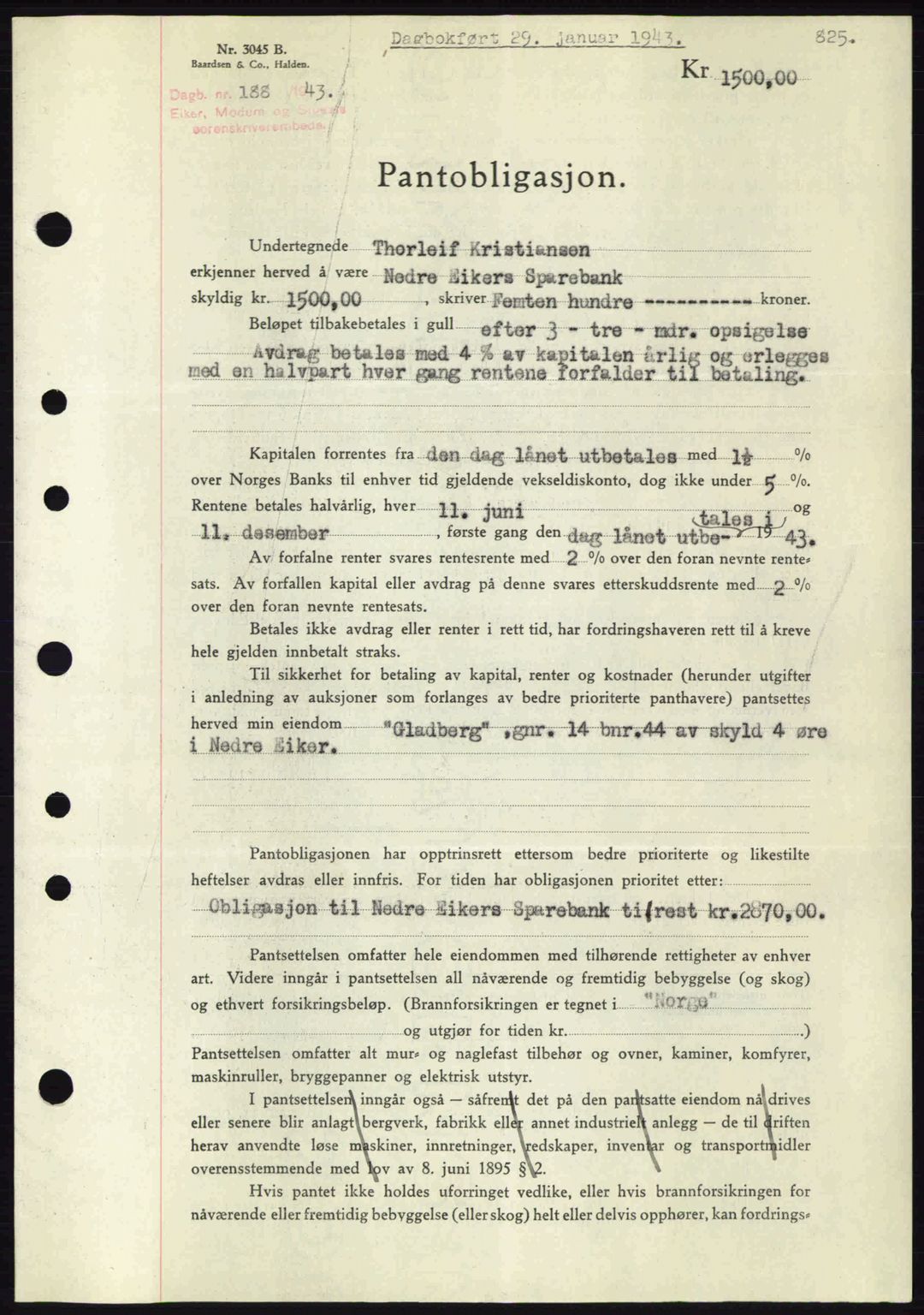 Eiker, Modum og Sigdal sorenskriveri, SAKO/A-123/G/Ga/Gab/L0047: Pantebok nr. A17, 1942-1943, Dagboknr: 188/1943