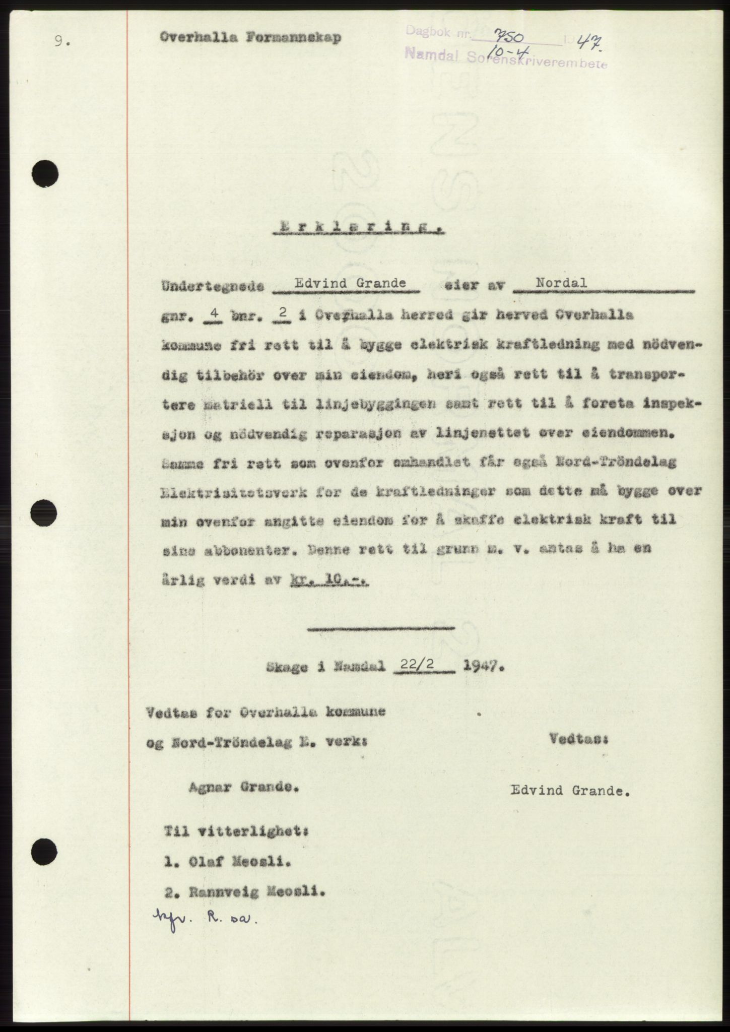 Namdal sorenskriveri, SAT/A-4133/1/2/2C: Pantebok nr. -, 1947-1947, Dagboknr: 750/1947