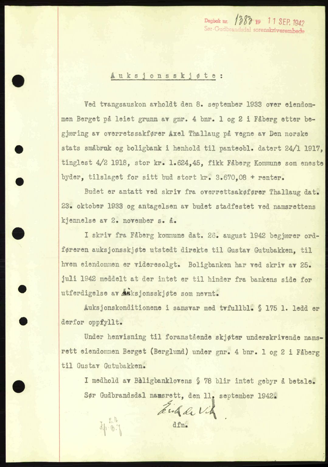 Sør-Gudbrandsdal tingrett, SAH/TING-004/H/Hb/Hbd/L0011: Pantebok nr. A11, 1942-1943, Dagboknr: 1383/1942