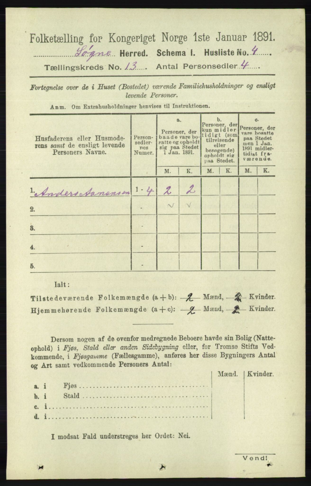 RA, Folketelling 1891 for 1018 Søgne herred, 1891, s. 3194