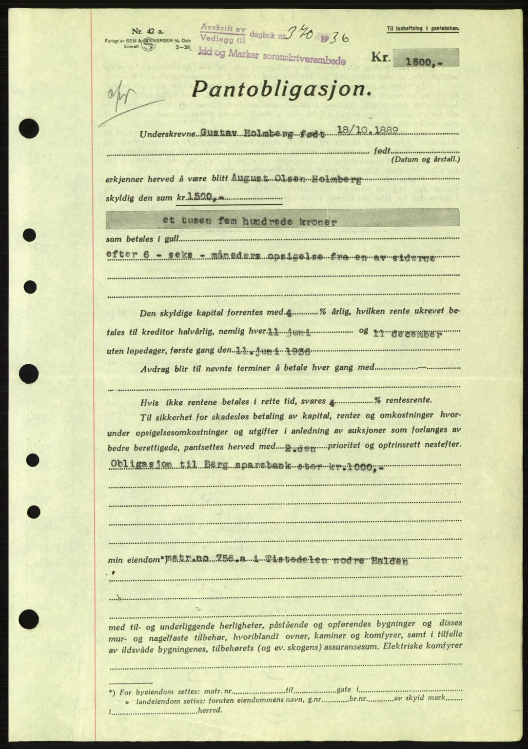 Idd og Marker sorenskriveri, AV/SAO-A-10283/G/Gb/Gbc/L0001: Pantebok nr. B1-3, 1936-1939, Dagboknr: 370/1936