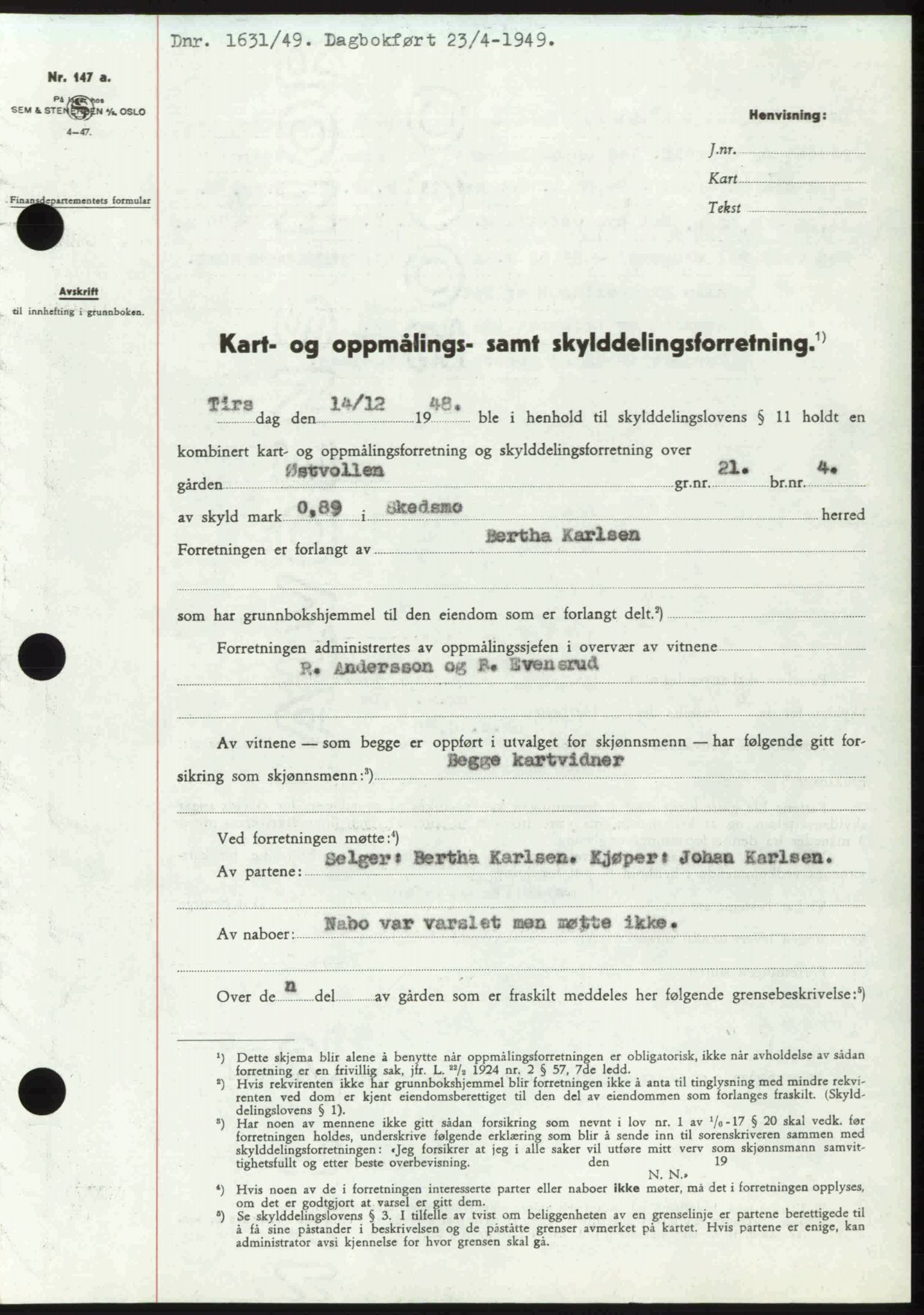 Nedre Romerike sorenskriveri, SAO/A-10469/G/Gb/Gbd/L0025: Pantebok nr. 25, 1949-1949, Dagboknr: 1631/1949