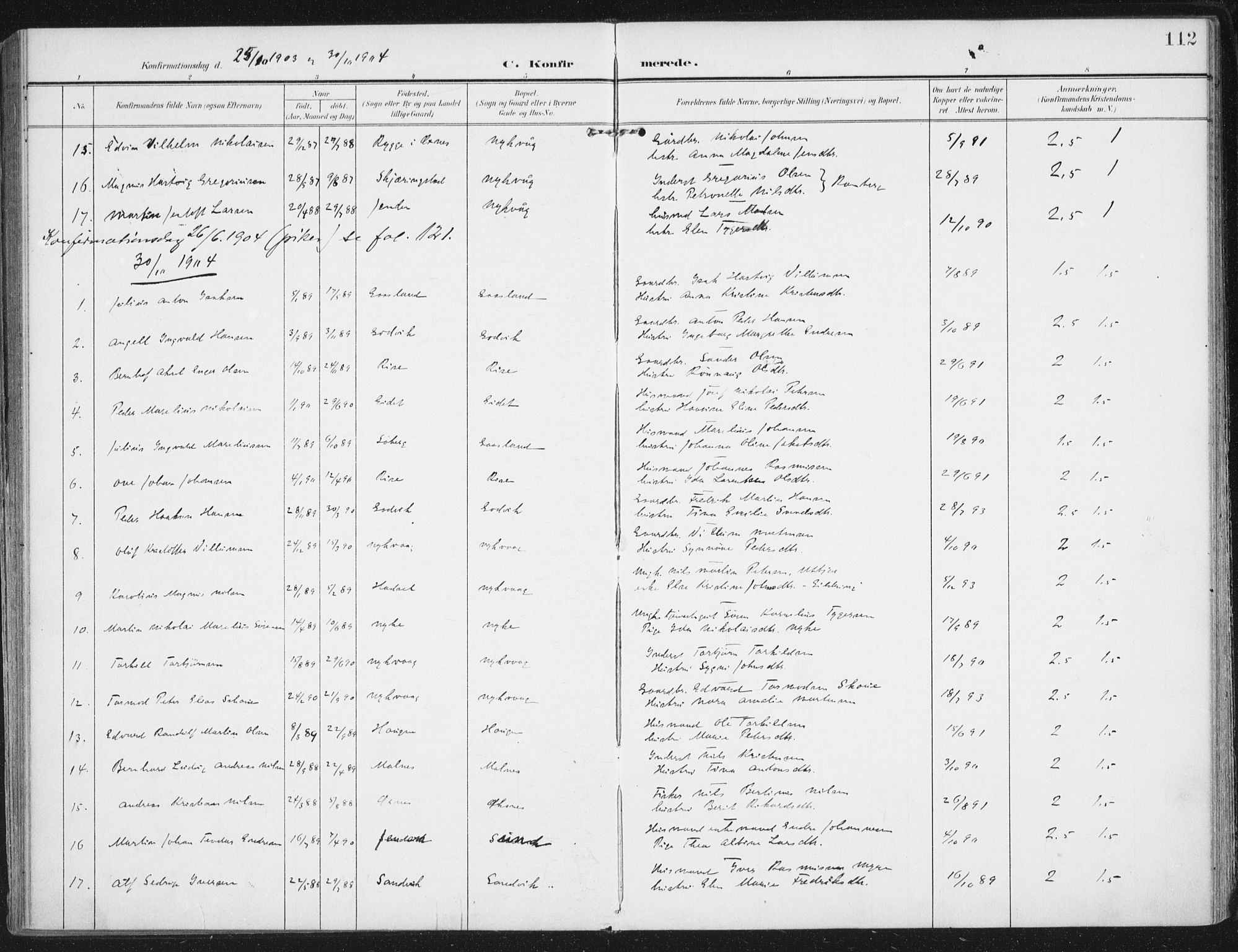 Ministerialprotokoller, klokkerbøker og fødselsregistre - Nordland, AV/SAT-A-1459/892/L1321: Ministerialbok nr. 892A02, 1902-1918, s. 112