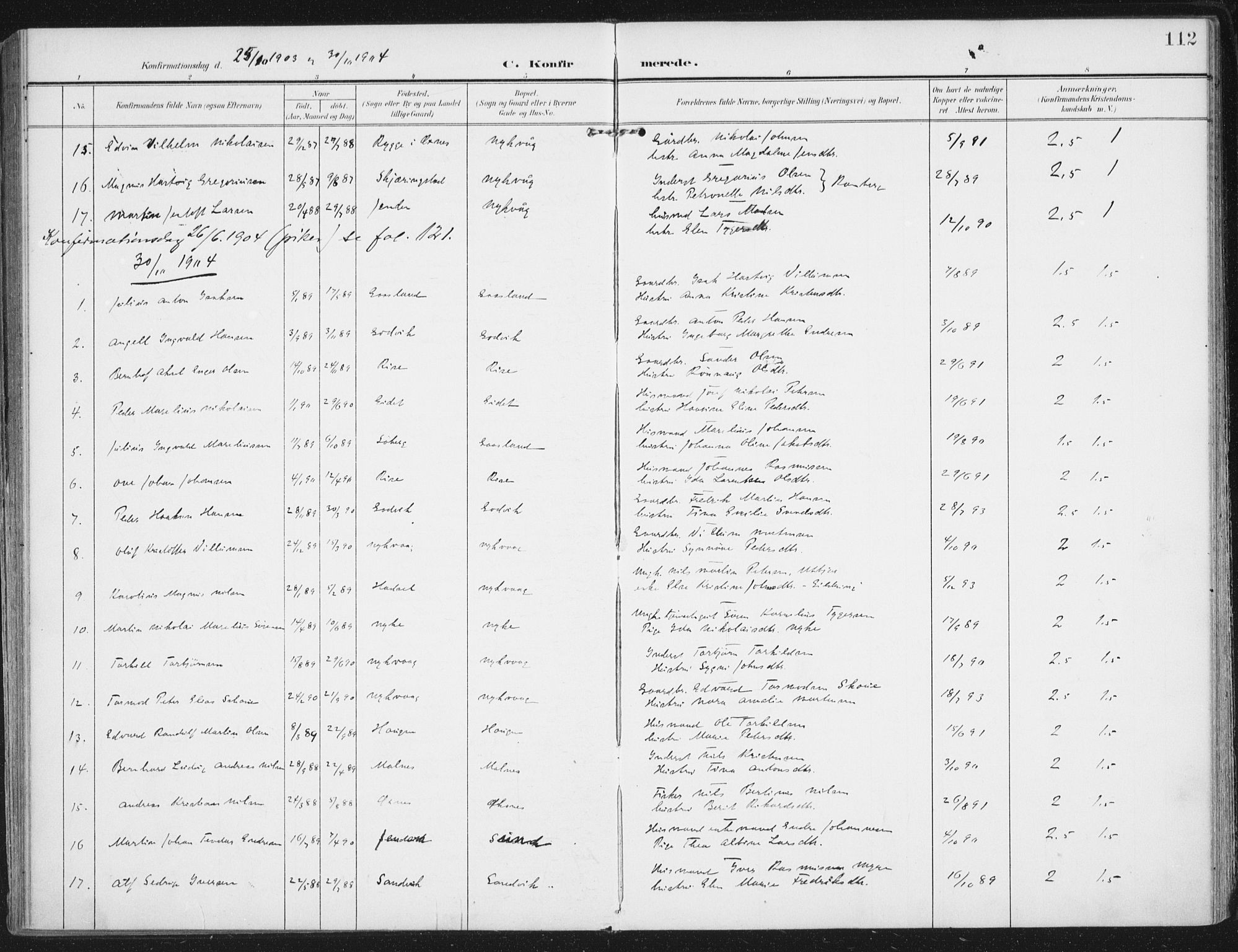 Ministerialprotokoller, klokkerbøker og fødselsregistre - Nordland, SAT/A-1459/892/L1321: Ministerialbok nr. 892A02, 1902-1918, s. 112