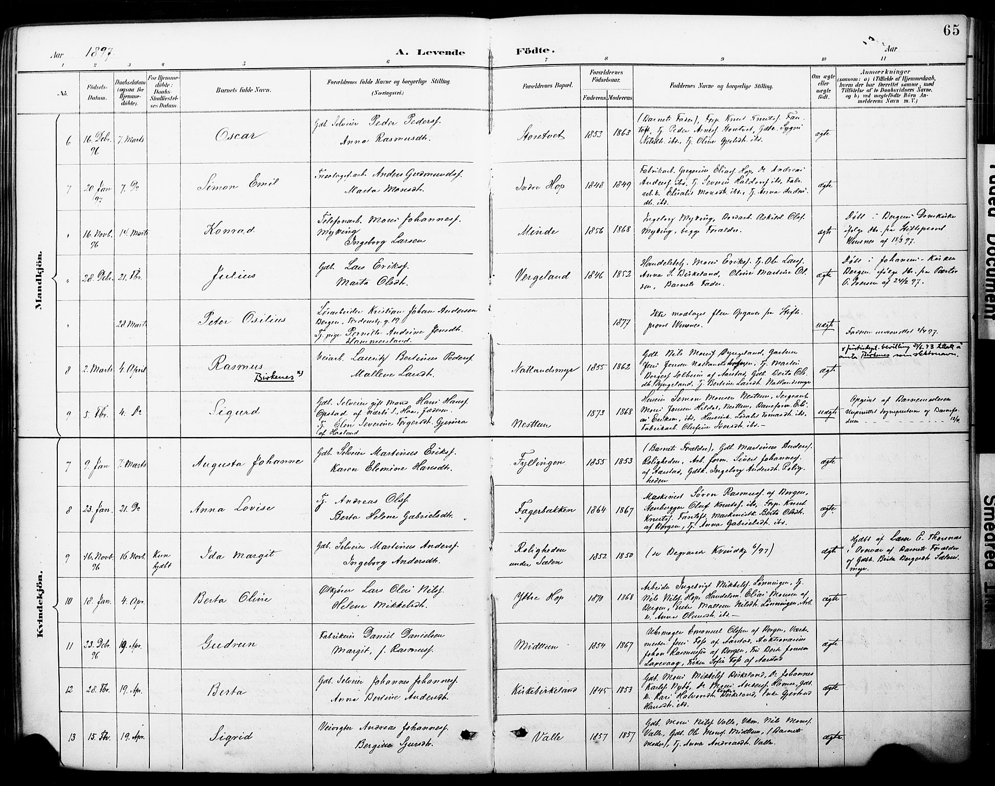 Fana Sokneprestembete, AV/SAB-A-75101/H/Haa/Haai/L0002: Ministerialbok nr. I 2, 1888-1899, s. 65
