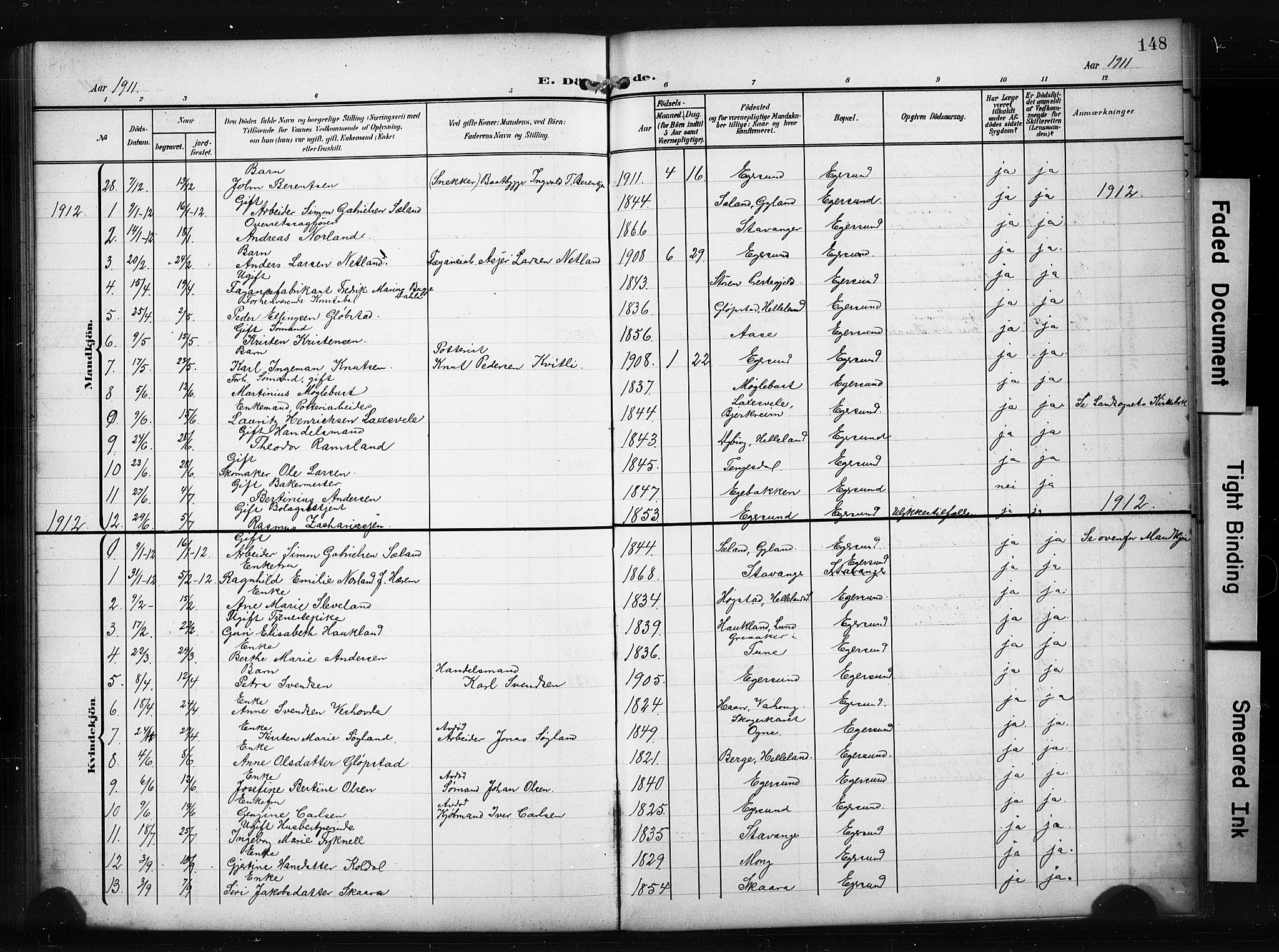 Eigersund sokneprestkontor, AV/SAST-A-101807/001/30/30BB/L0012: Klokkerbok nr. B 12, 1908-1930, s. 148