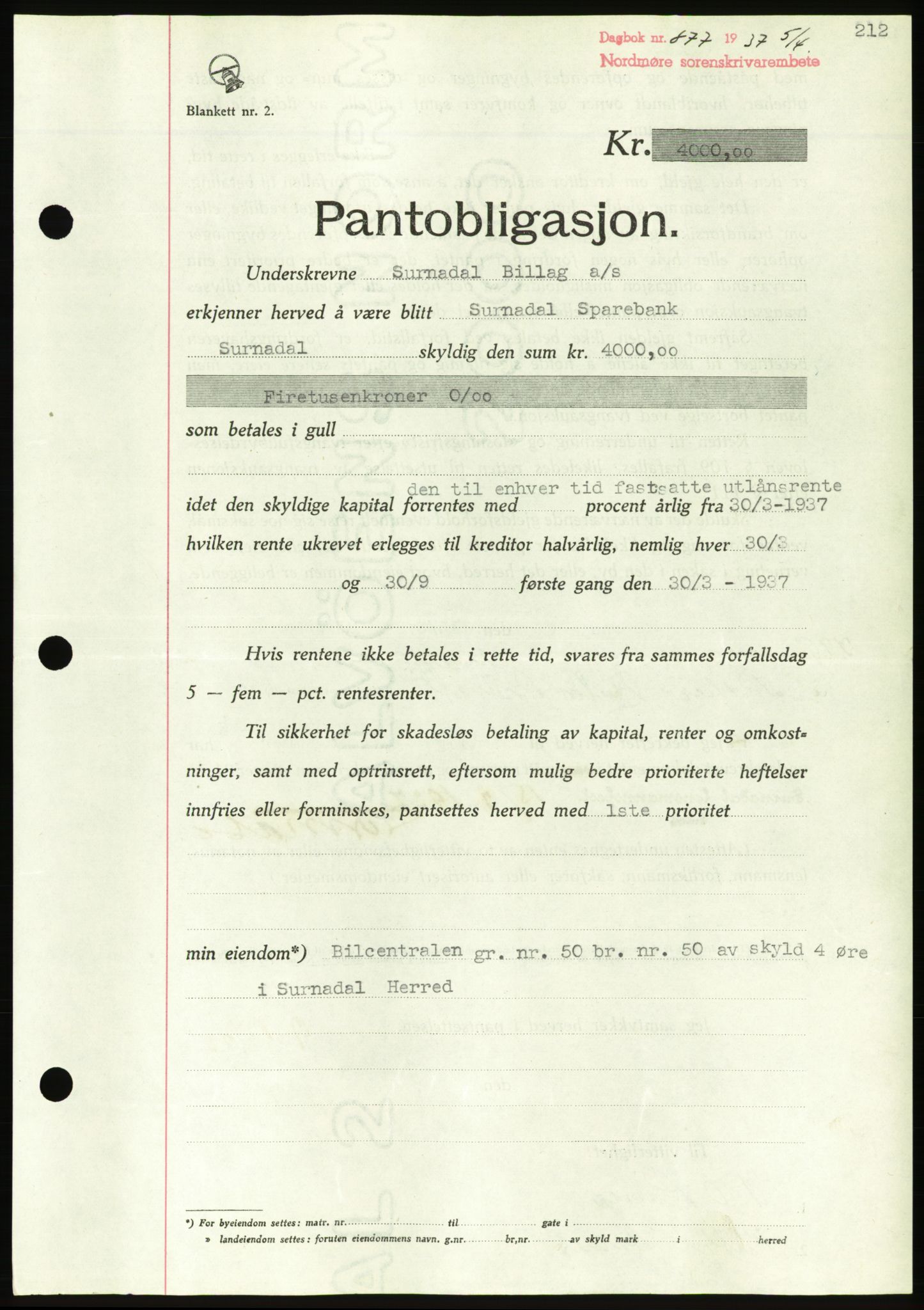 Nordmøre sorenskriveri, AV/SAT-A-4132/1/2/2Ca/L0091: Pantebok nr. B81, 1937-1937, Dagboknr: 877/1937