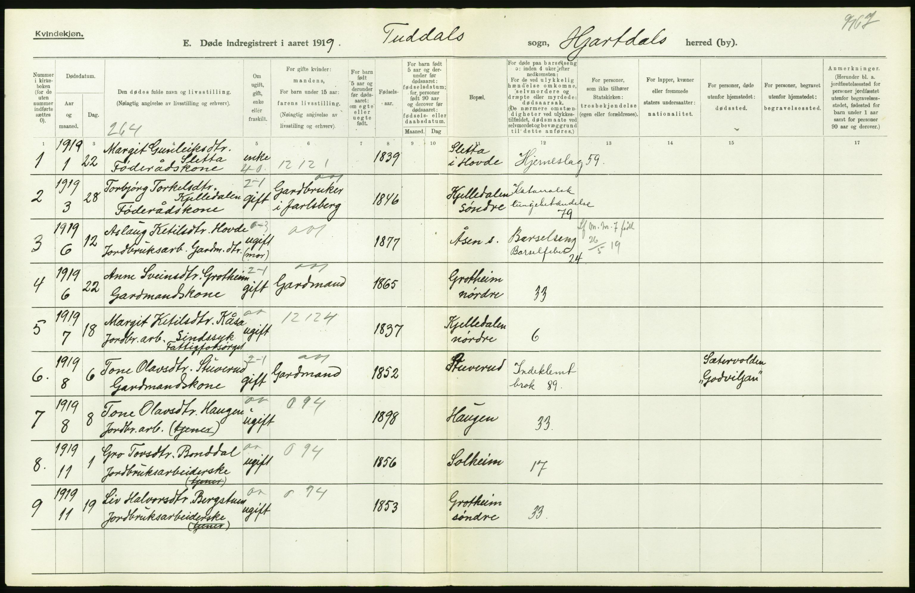 Statistisk sentralbyrå, Sosiodemografiske emner, Befolkning, AV/RA-S-2228/D/Df/Dfb/Dfbi/L0023: Telemark fylke: Døde. Bygder og byer., 1919, s. 304