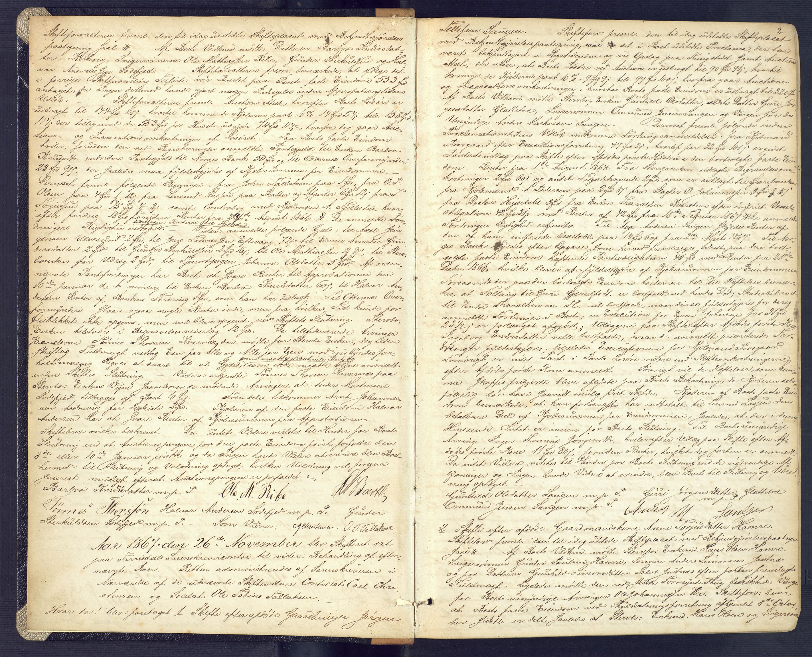 Torridal sorenskriveri, SAK/1221-0012/H/Hc/L0016: Skifteforhandlingsprotokoll med navneregister nr. 2, 1867-1878, s. 2