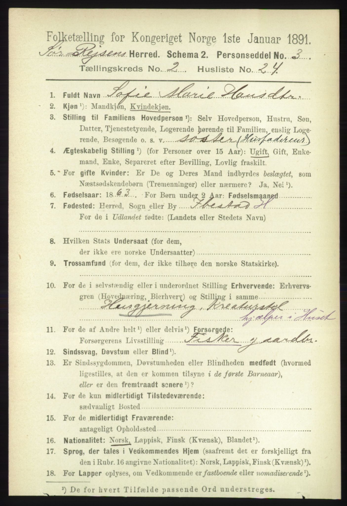 RA, Folketelling 1891 for 1925 Sørreisa herred, 1891, s. 511
