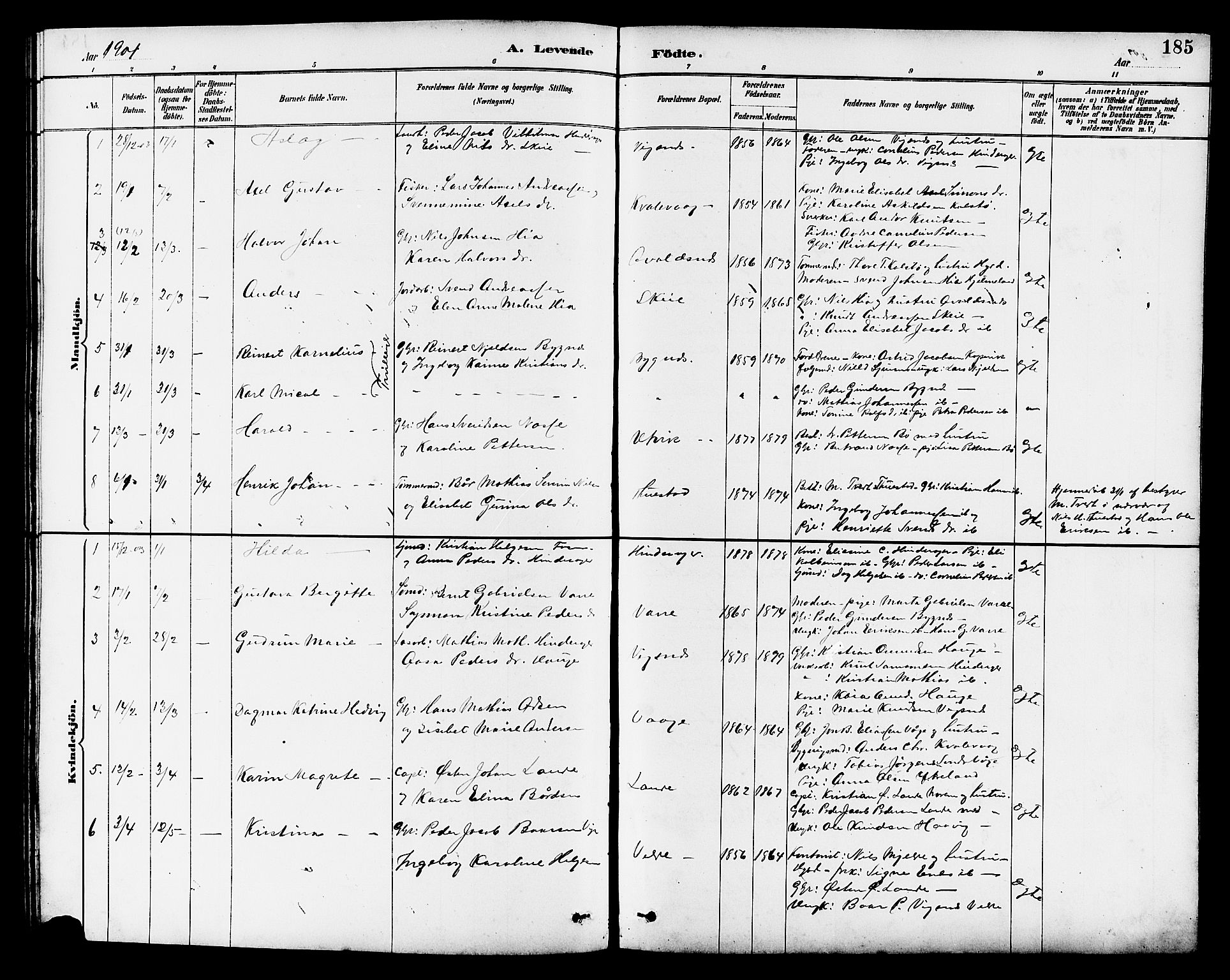 Avaldsnes sokneprestkontor, AV/SAST-A -101851/H/Ha/Hab/L0007: Klokkerbok nr. B 7, 1885-1909, s. 185