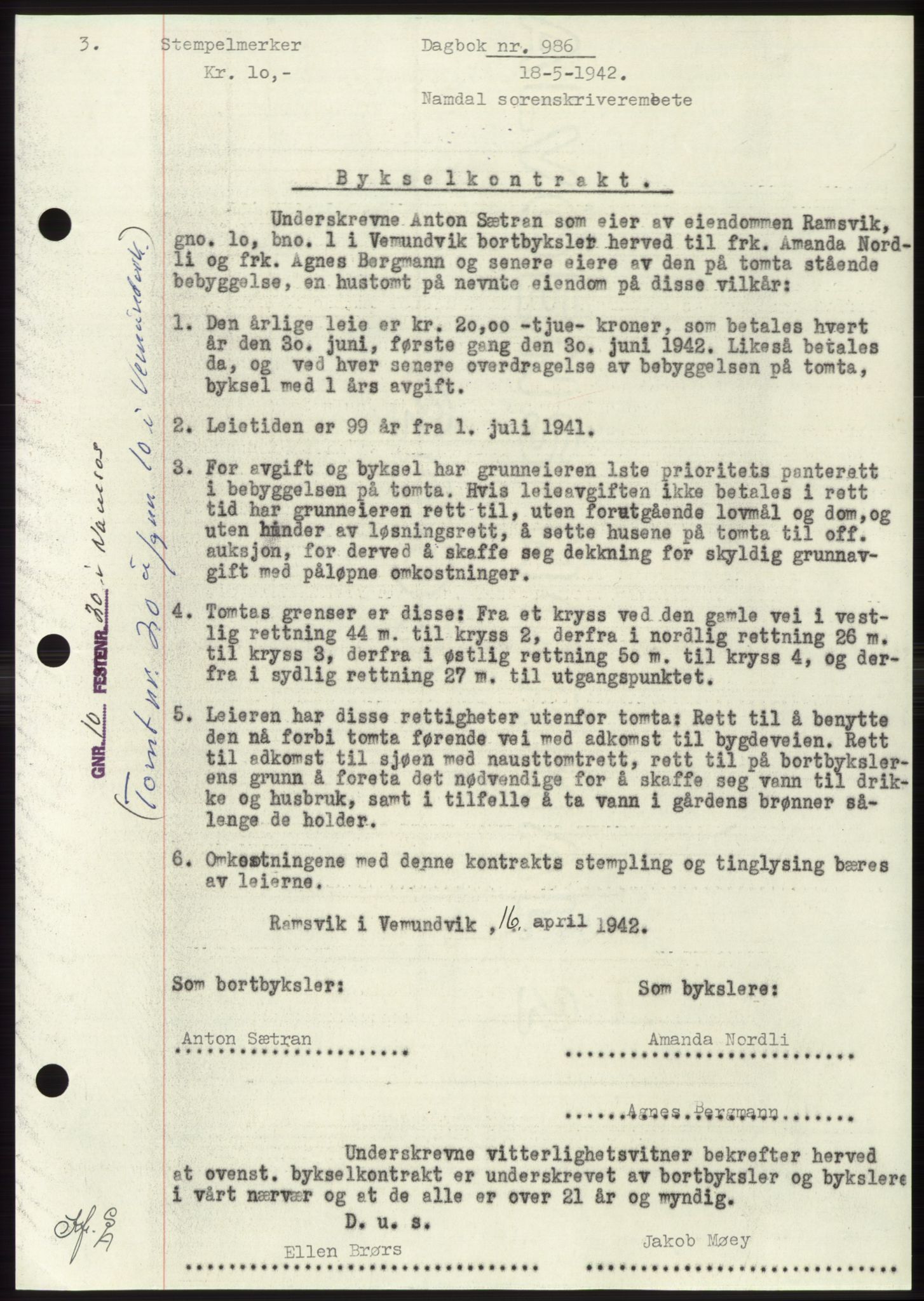 Namdal sorenskriveri, SAT/A-4133/1/2/2C: Pantebok nr. -, 1941-1942, Dagboknr: 986/1942