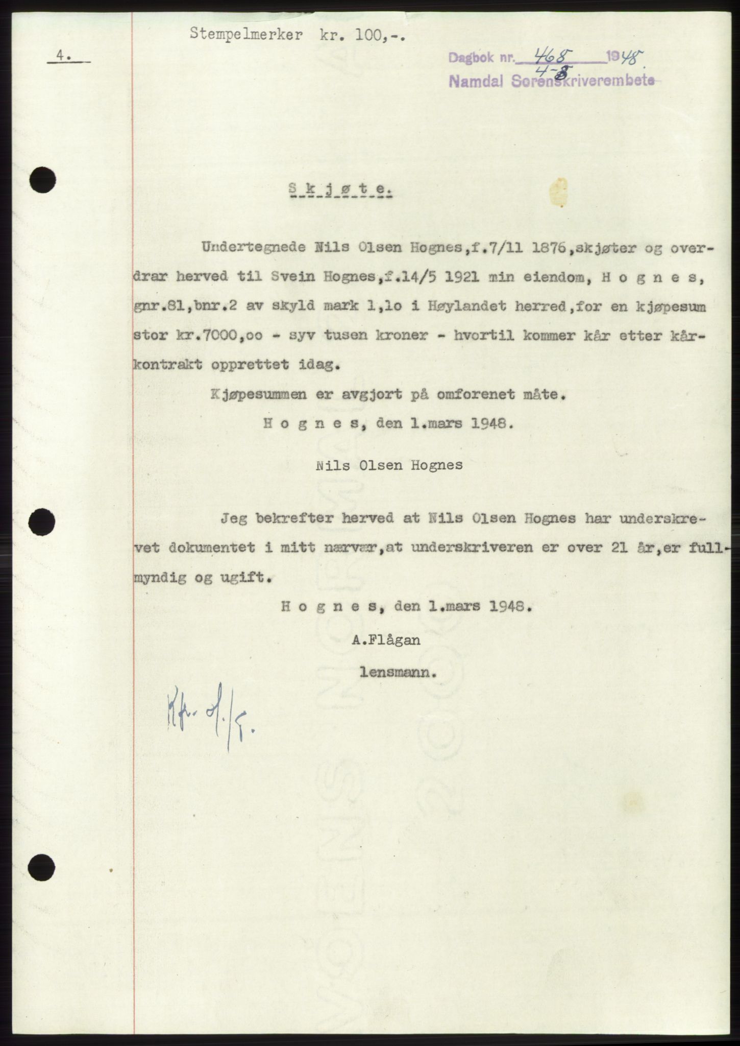 Namdal sorenskriveri, SAT/A-4133/1/2/2C: Pantebok nr. -, 1947-1948, Dagboknr: 468/1948