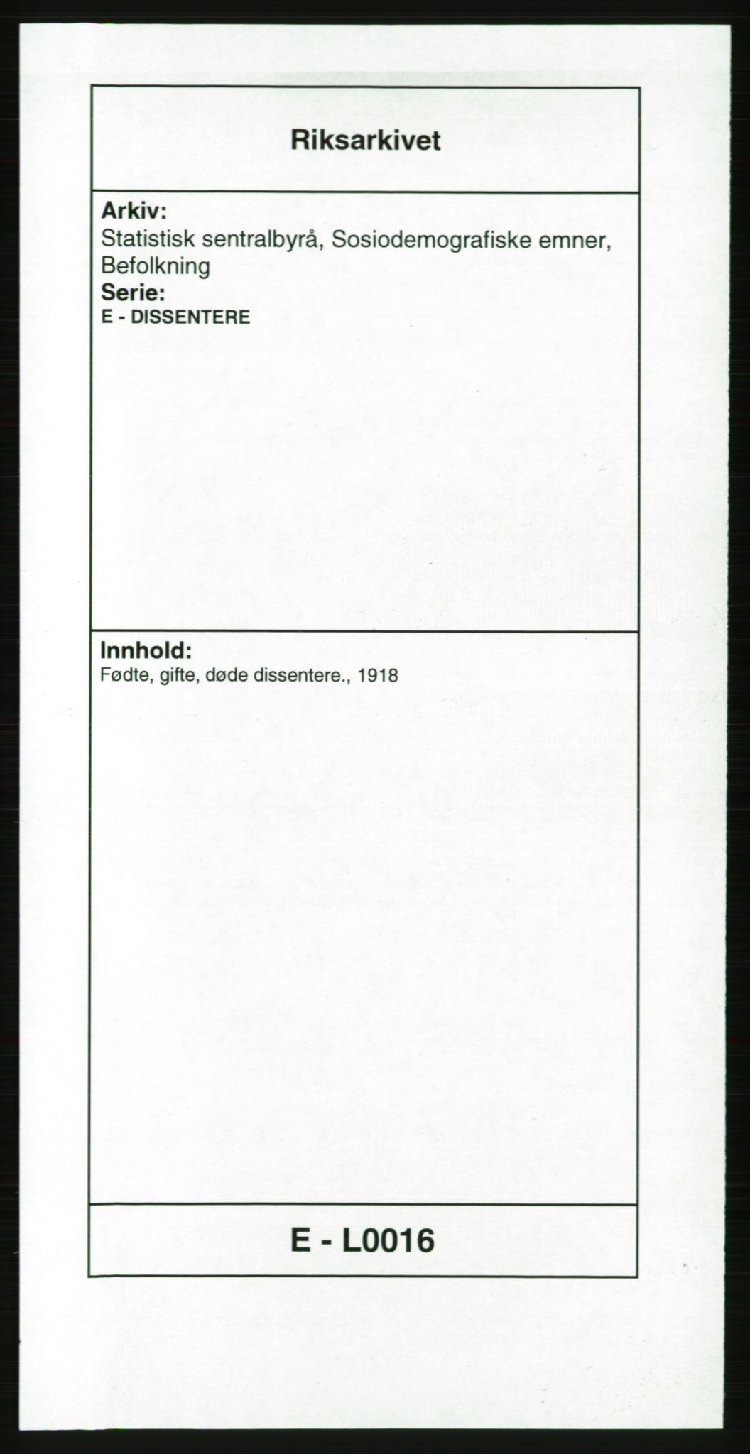 Statistisk sentralbyrå, Sosiodemografiske emner, Befolkning, AV/RA-S-2228/E/L0016: Fødte, gifte, døde dissentere., 1918, s. 1