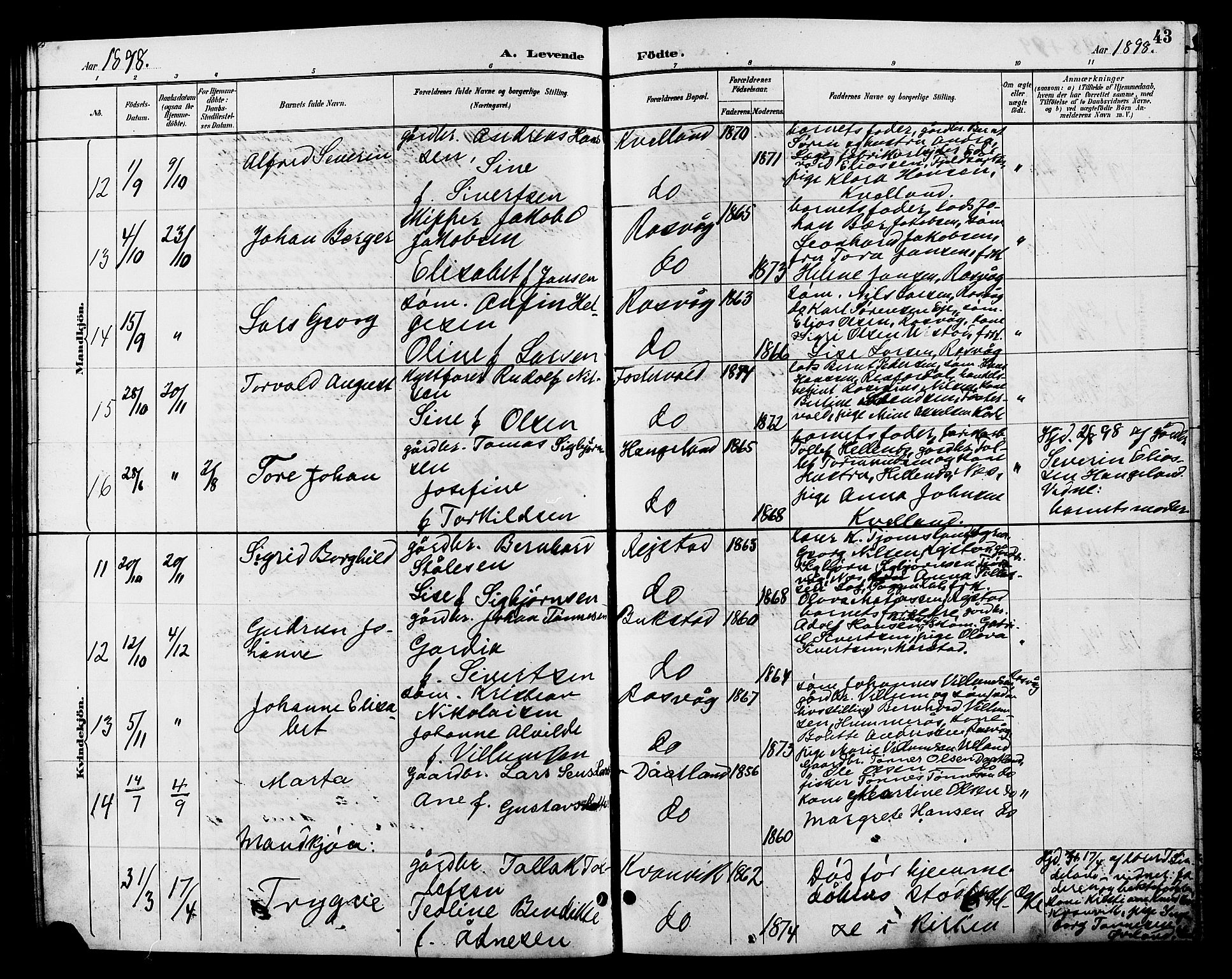 Flekkefjord sokneprestkontor, AV/SAK-1111-0012/F/Fb/Fbb/L0004: Klokkerbok nr. B 4, 1889-1907, s. 43