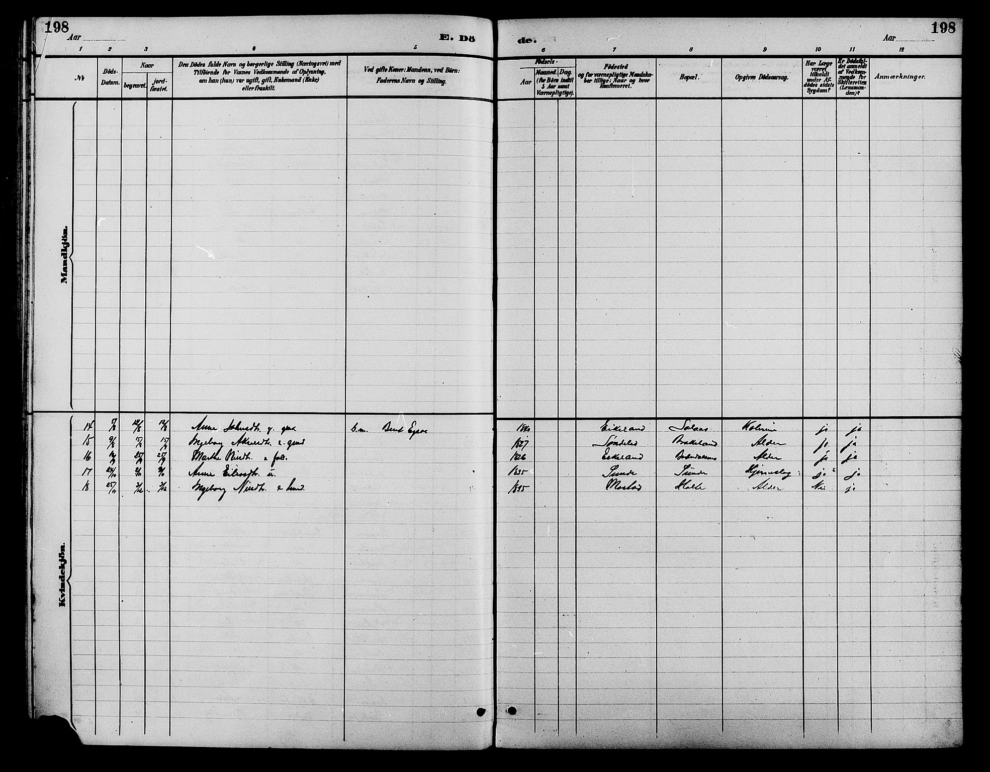 Gjerstad sokneprestkontor, AV/SAK-1111-0014/F/Fb/Fba/L0007: Klokkerbok nr. B 7, 1891-1908, s. 198