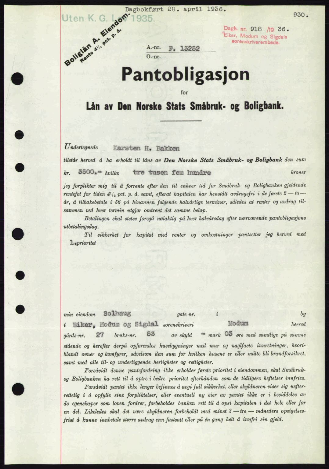 Eiker, Modum og Sigdal sorenskriveri, SAKO/A-123/G/Ga/Gab/L0032: Pantebok nr. A2, 1936-1936, Dagboknr: 918/1936