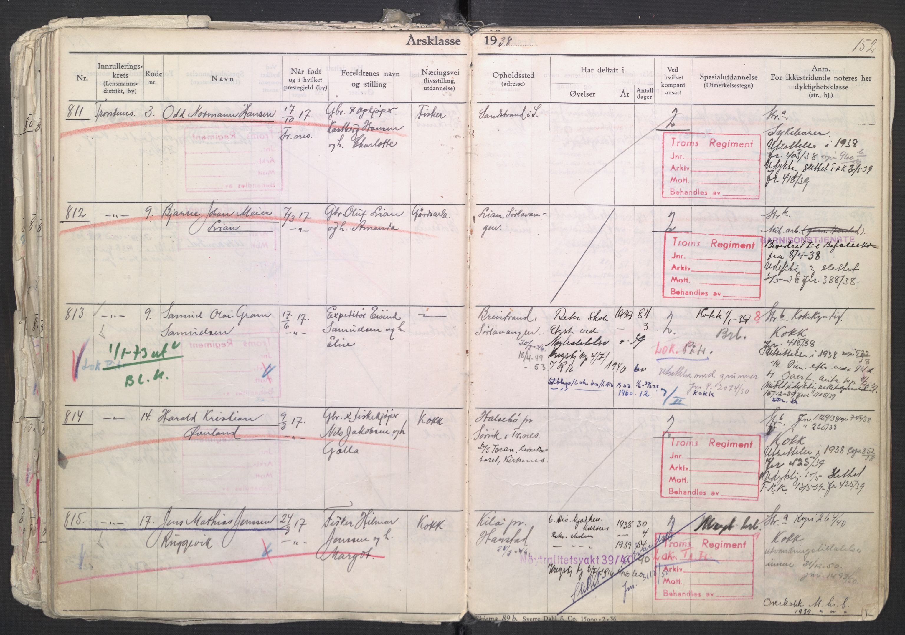 Forsvaret, Troms infanteriregiment nr. 16, AV/RA-RAFA-3146/P/Pa/L0007/0003: Ruller / Rulle for regimentets menige mannskaper, årsklasse 1938, 1938, s. 152