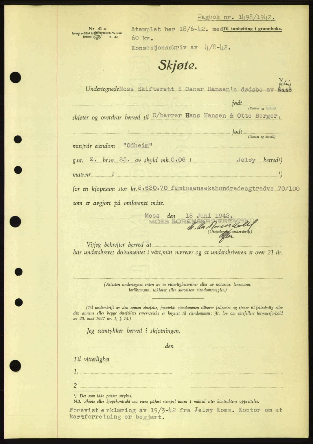 Moss sorenskriveri, SAO/A-10168: Pantebok nr. A10, 1942-1943, Dagboknr: 1498/1942