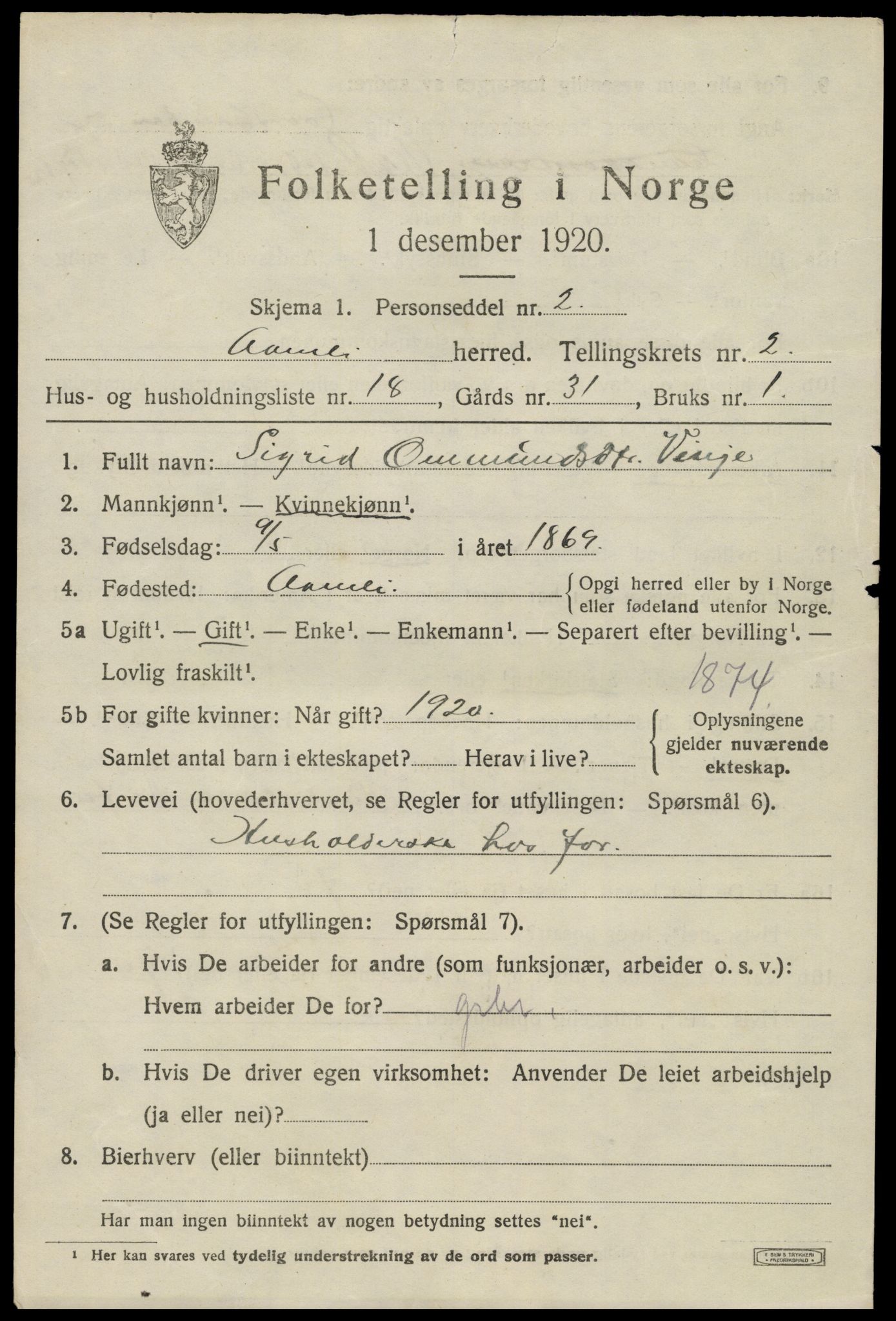 SAK, Folketelling 1920 for 0929 Åmli herred, 1920, s. 1071
