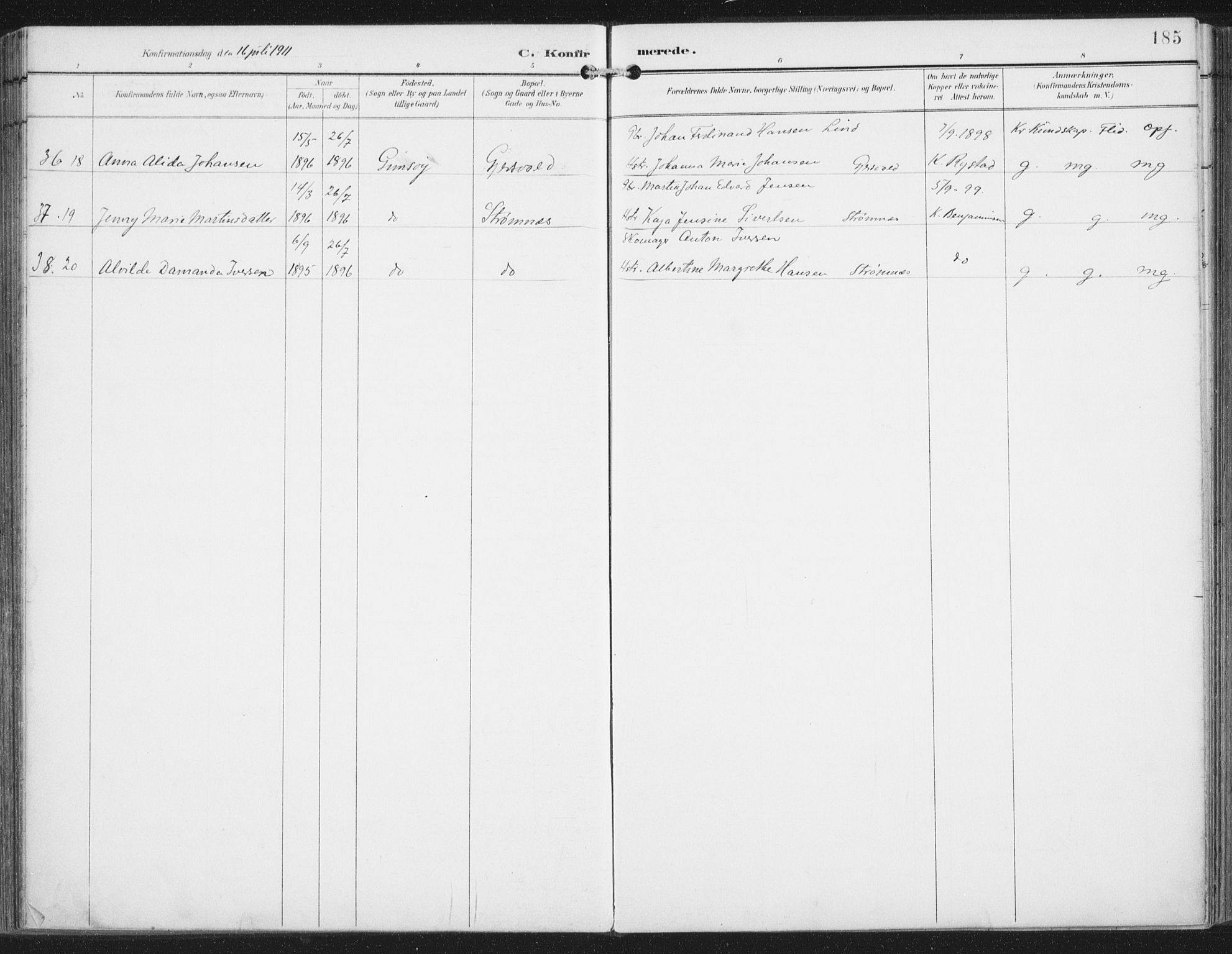 Ministerialprotokoller, klokkerbøker og fødselsregistre - Nordland, SAT/A-1459/876/L1098: Ministerialbok nr. 876A04, 1896-1915, s. 185