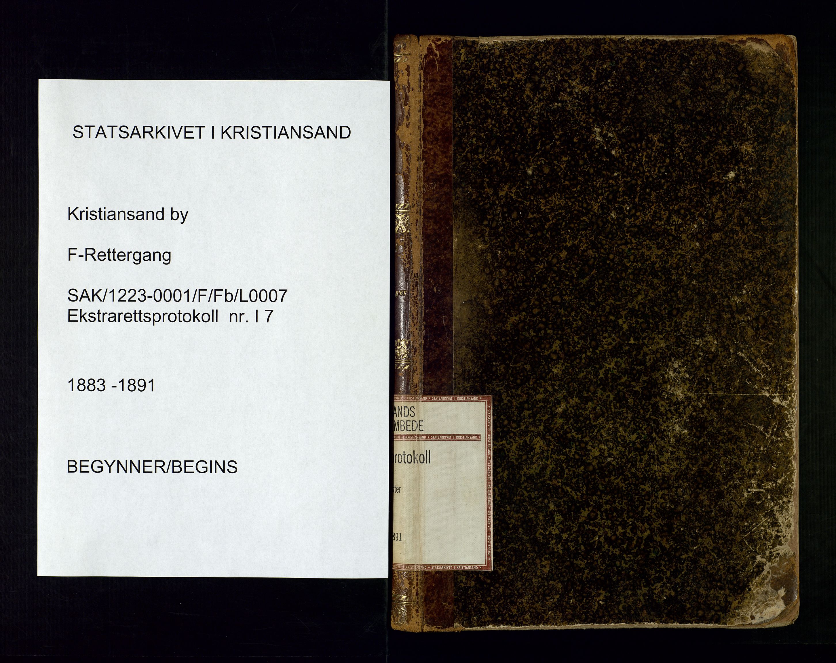 Kristiansand byrett, SAK/1223-0001/F/Fb/L0007: Ekstrarettsprotokoll nr. 7 serie I med register, 1883-1891