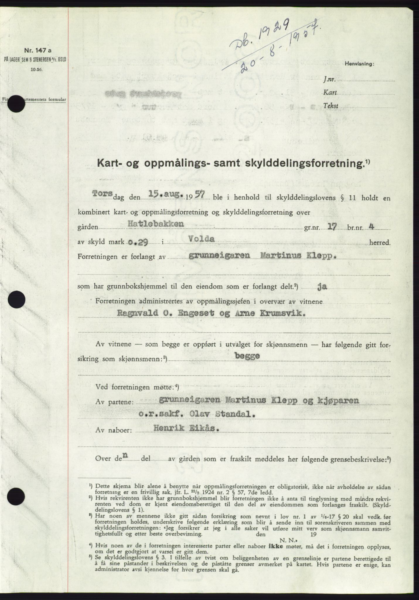 Søre Sunnmøre sorenskriveri, SAT/A-4122/1/2/2C/L0107: Pantebok nr. 33A, 1957-1957, Dagboknr: 1929/1957