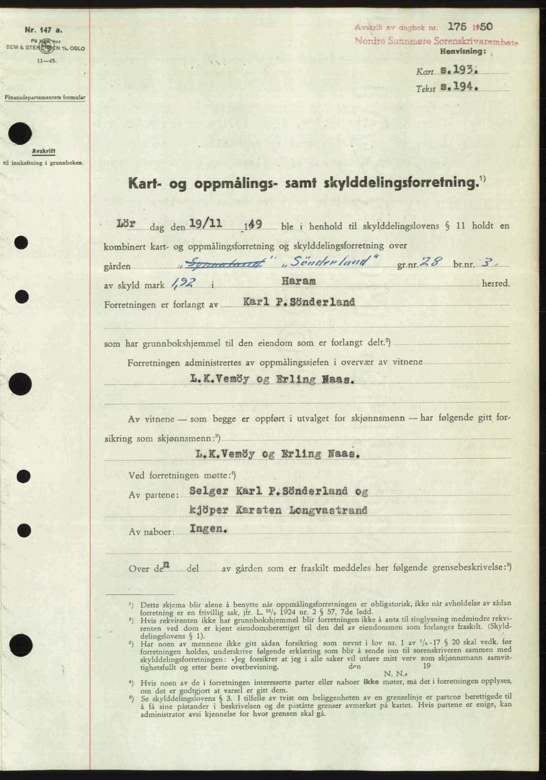 Nordre Sunnmøre sorenskriveri, SAT/A-0006/1/2/2C/2Ca: Pantebok nr. A33, 1949-1950, Dagboknr: 175/1950