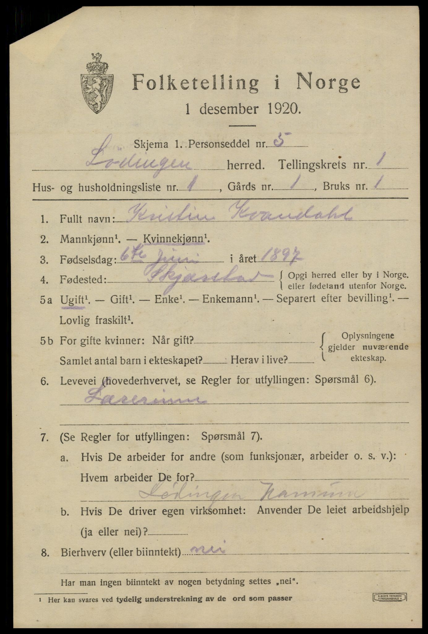 SAT, Folketelling 1920 for 1851 Lødingen herred, 1920, s. 1033