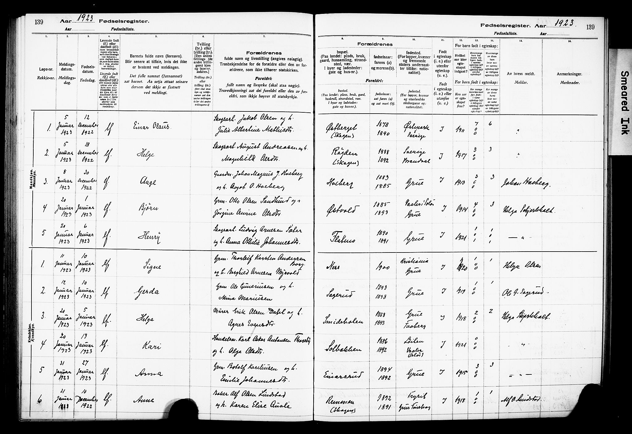 Grue prestekontor, AV/SAH-PREST-036/I/Id/Ida/L0001: Fødselsregister nr. I 1, 1916-1926, s. 139