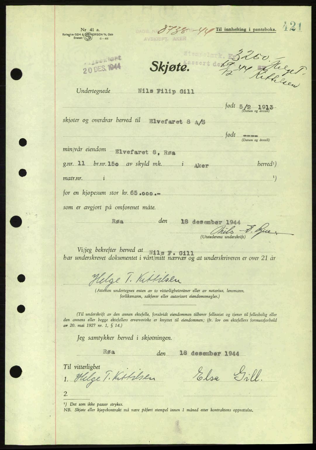 Aker herredsskriveri, SAO/A-10896/G/Gb/Gba/Gbab/L0063: Pantebok nr. A184-185, 1944-1945, Dagboknr: 8738/1944