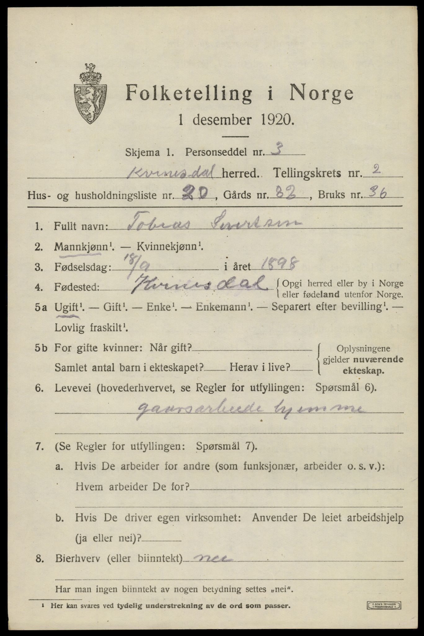 SAK, Folketelling 1920 for 1037 Kvinesdal herred, 1920, s. 2095