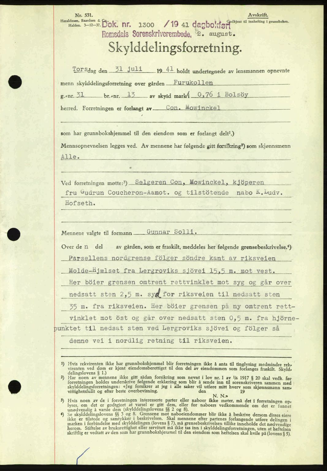 Romsdal sorenskriveri, AV/SAT-A-4149/1/2/2C: Pantebok nr. A10, 1941-1941, Dagboknr: 1300/1941