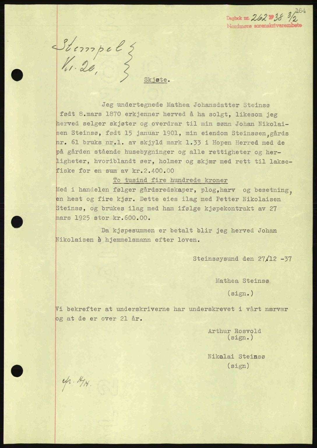 Nordmøre sorenskriveri, SAT/A-4132/1/2/2Ca: Pantebok nr. A83, 1938-1938, Dagboknr: 262/1938