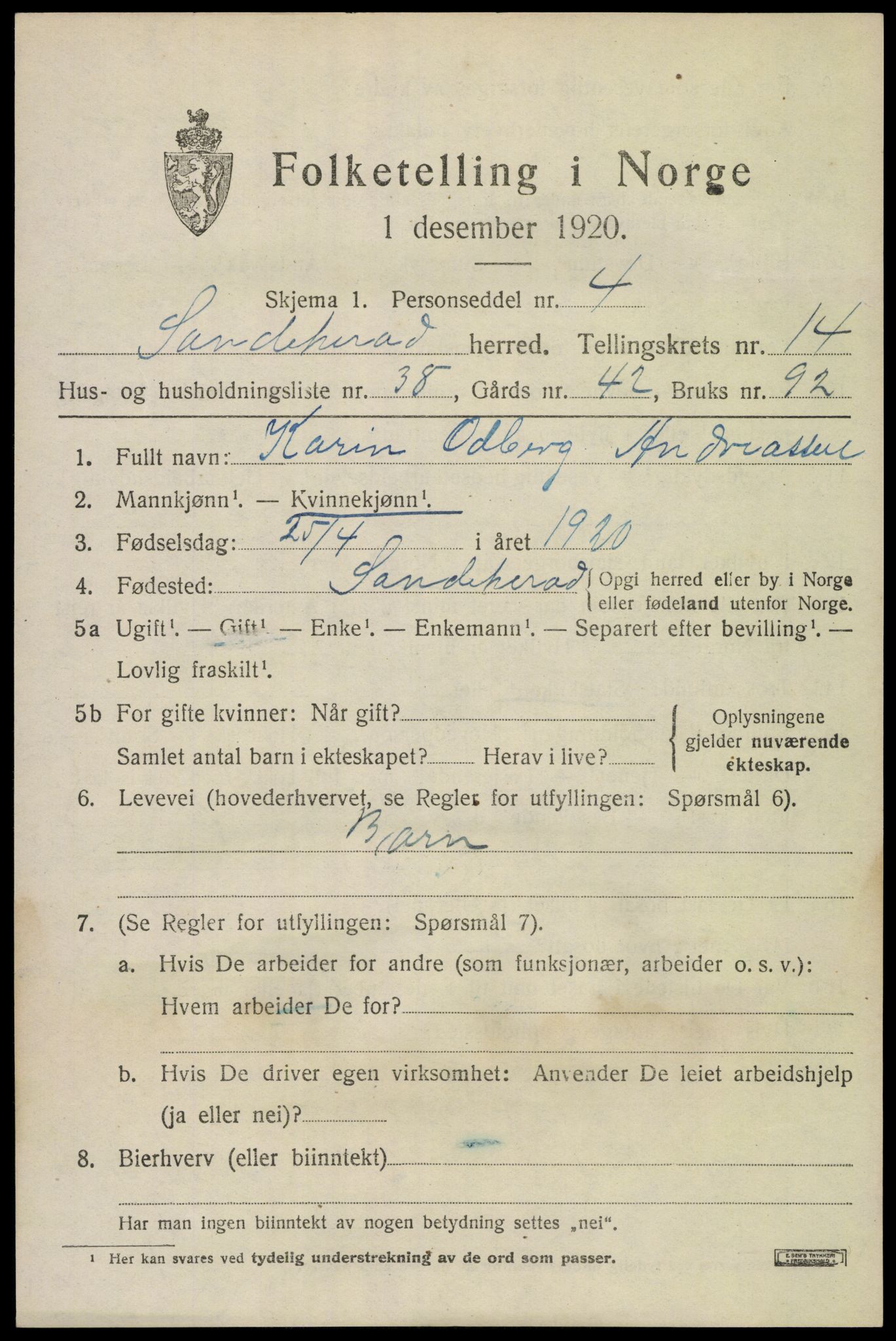 SAKO, Folketelling 1920 for 0724 Sandeherred herred, 1920, s. 20704