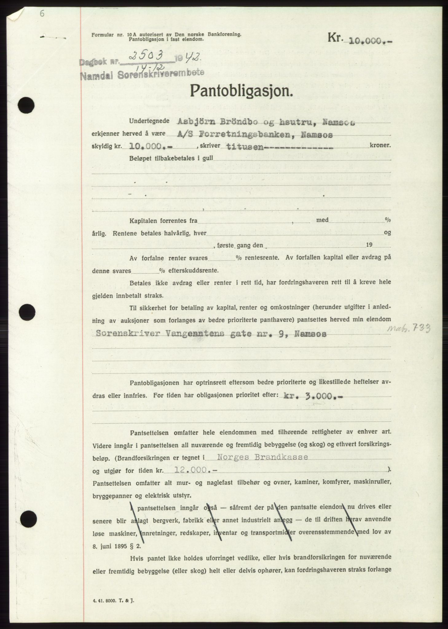 Namdal sorenskriveri, SAT/A-4133/1/2/2C: Pantebok nr. -, 1942-1943, Dagboknr: 2503/1942